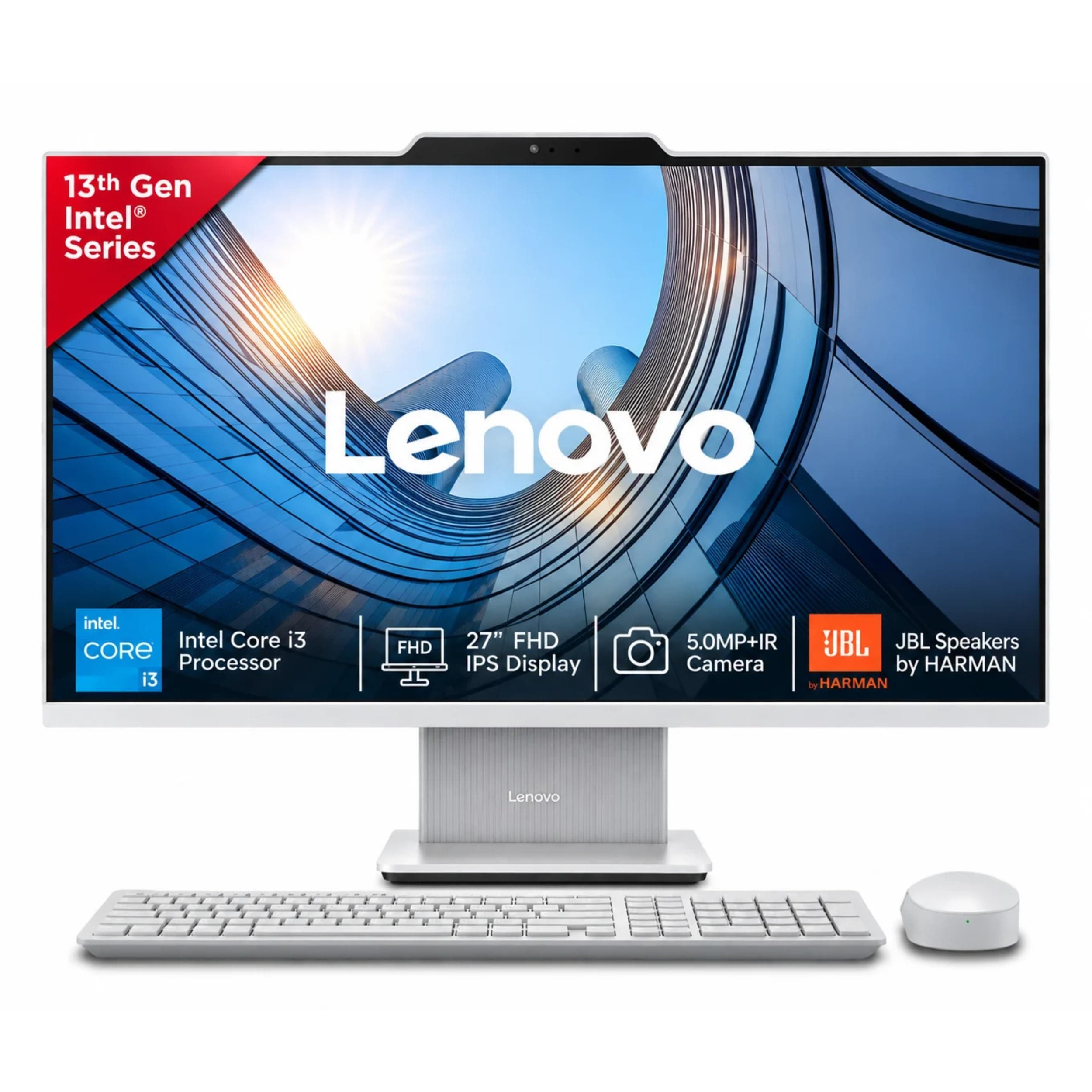 Lenovo IdeaCentre AIO Intel Core i3-1315U 27" FHD IPS (8GB RAM/512GB SSD/Win11/Microsoft 365 Basic + Office Home 2024/Wireless EOS Keyboard & Mouse,Gr...