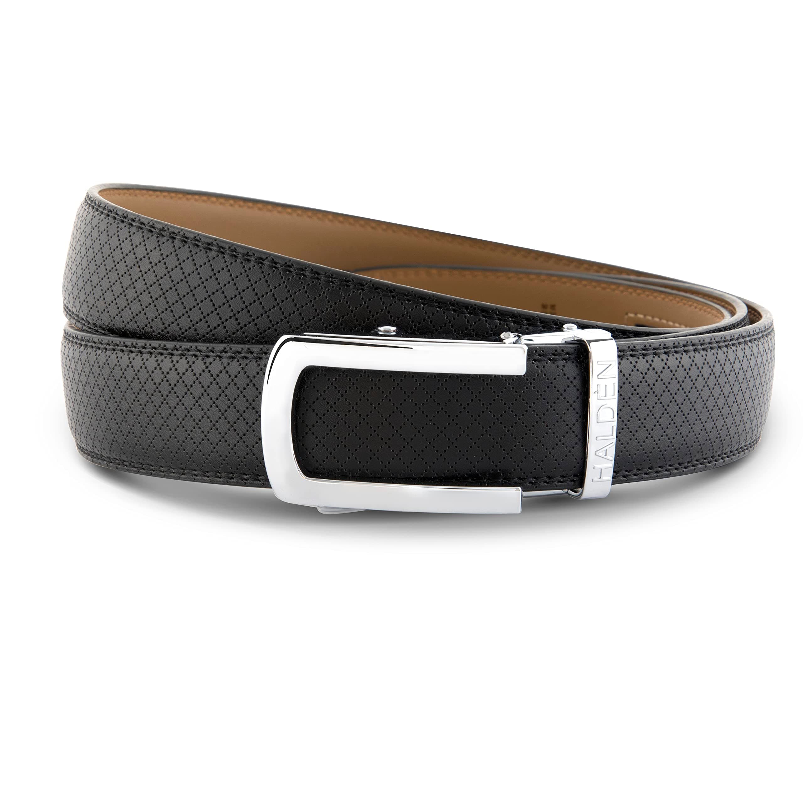 HALDEN Men's Theo Black Belts, Quality leather, Free size, Fits up to 44 inches waist, Ratchet straps, unique magnetic buckle, Autolock belt