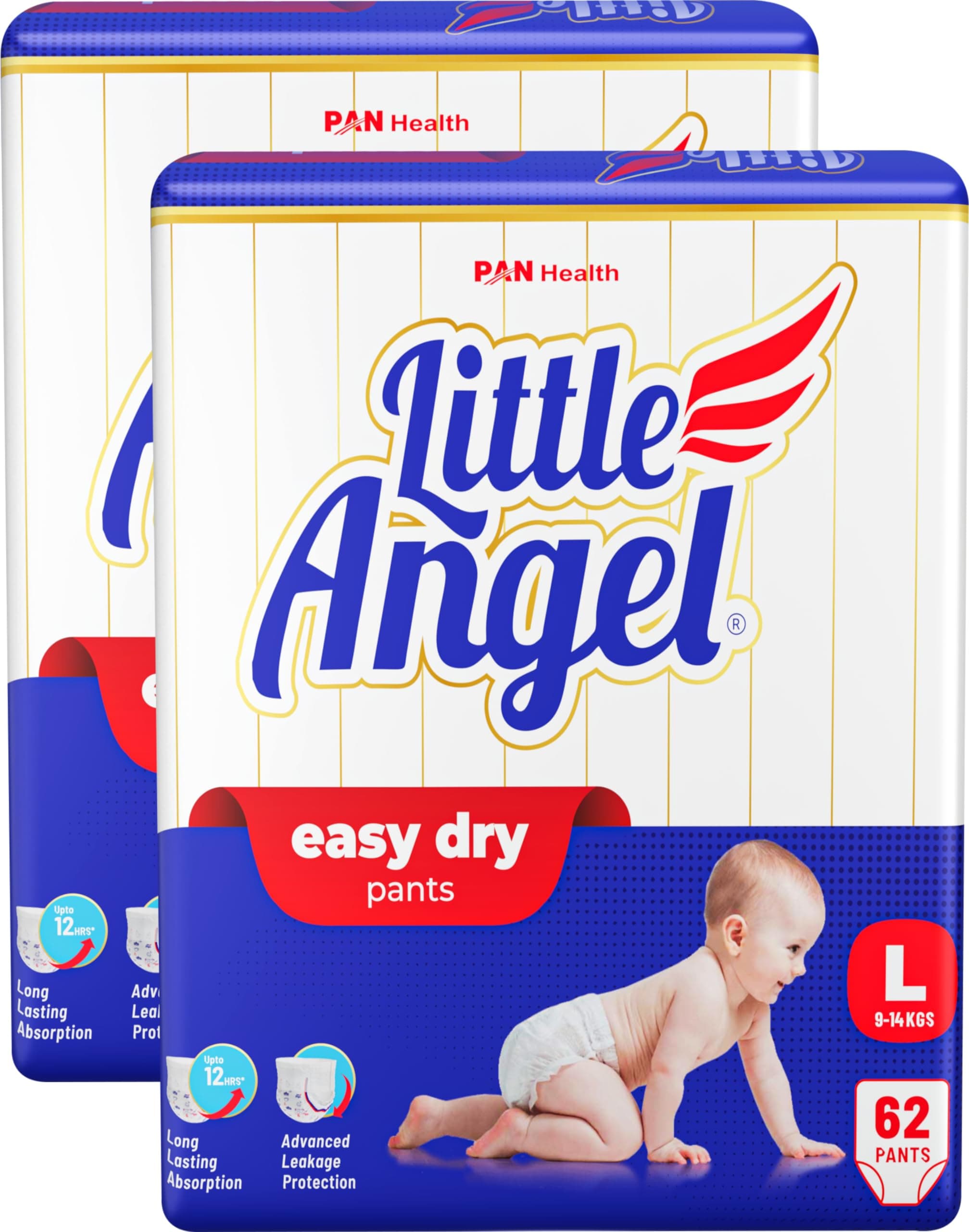 Little Angel Easy Dry Diaper Pants with 12 hrs absorption Large (L) Size, Pack of 2,9-14 Kgs - L (124 Pieces)