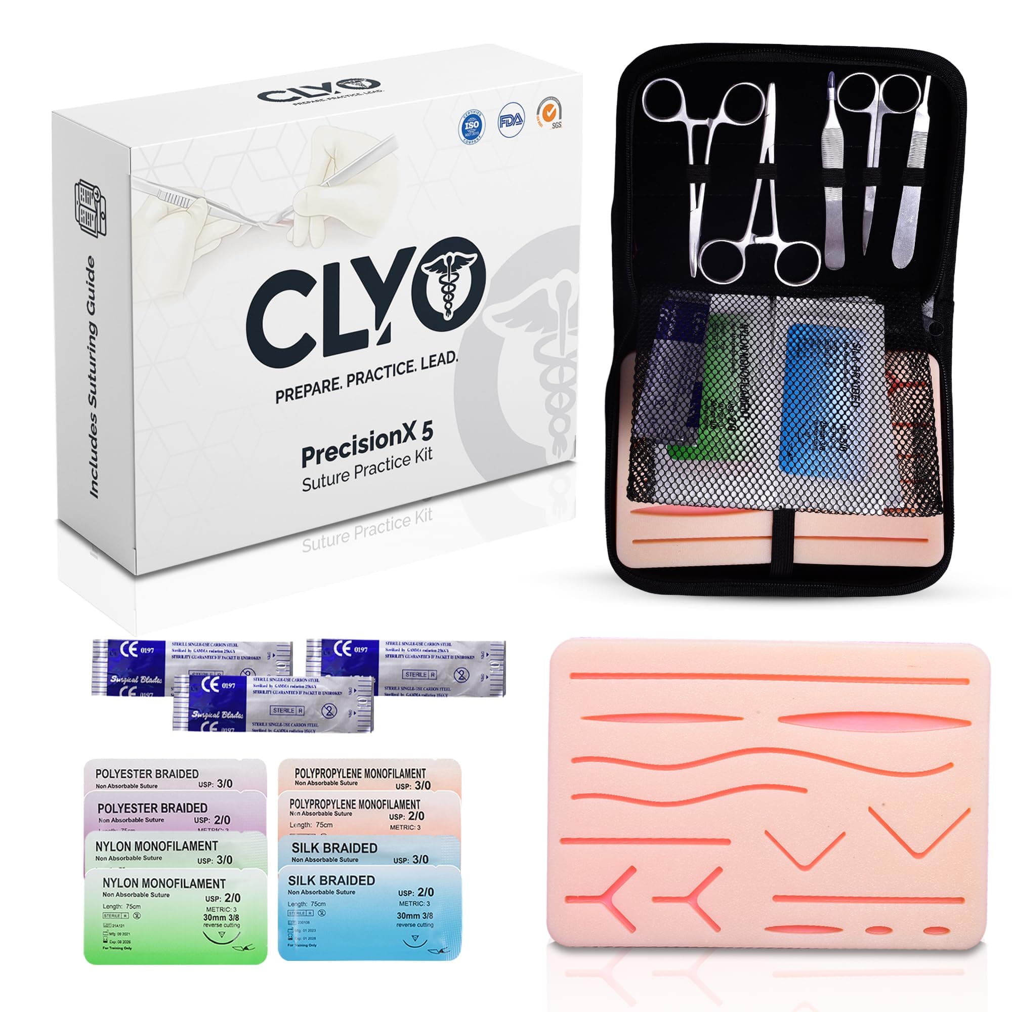 Clyo PrecisionX 5 Suture Practice Kit – Complete Suturing Practice Kit for Medical Students & Professionals | Realistic Silicone Pad, Durable Tools & Pre-Cut Wounds | Suturing ebook Included