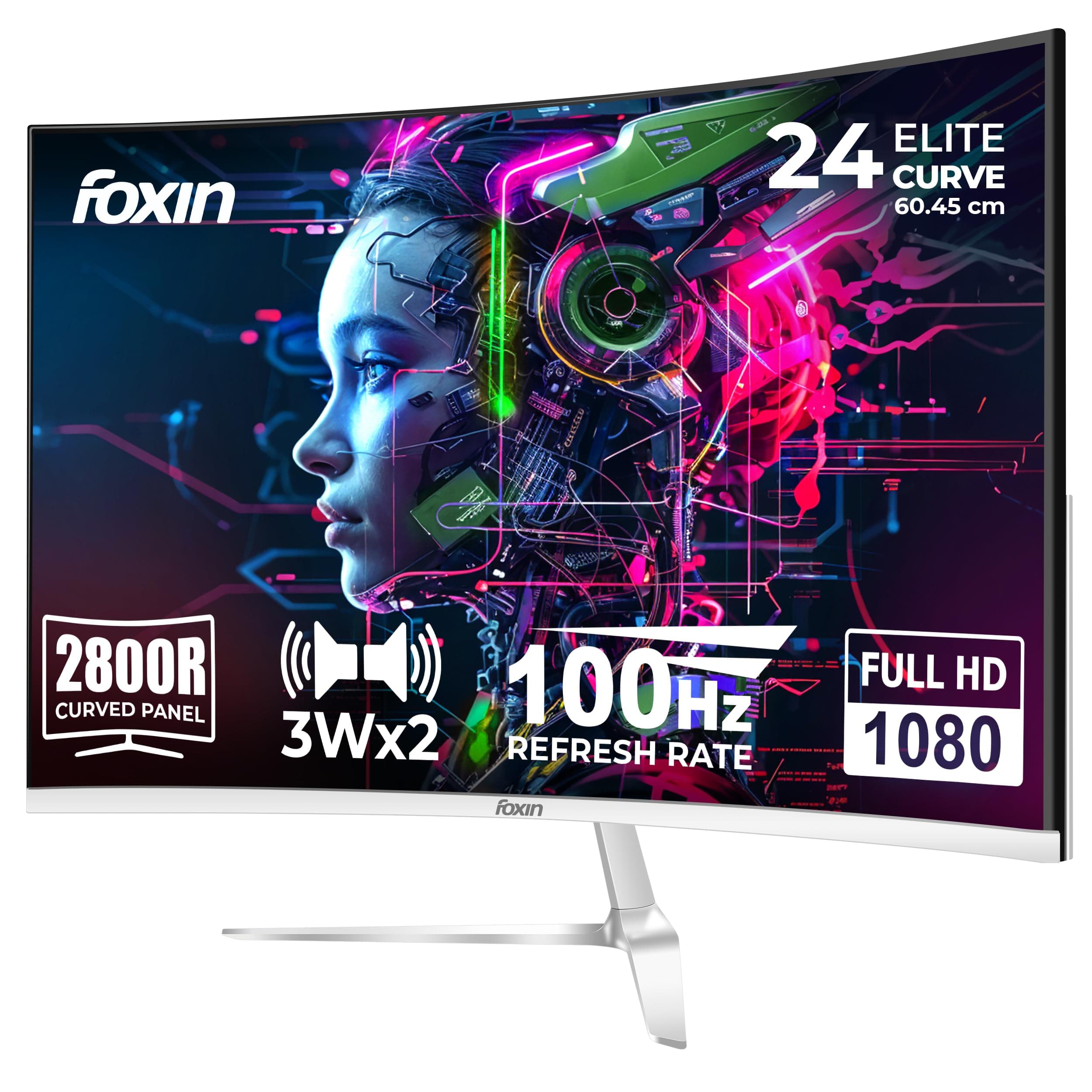 Foxin Elite 24 Inch Curved LED Monitor | FHD 1080p, 100Hz Frameless & Anti-Glare | HDMI & VGA | 5ms | Wall Mountable | 2800R Curve | Curved PC Monitor...
