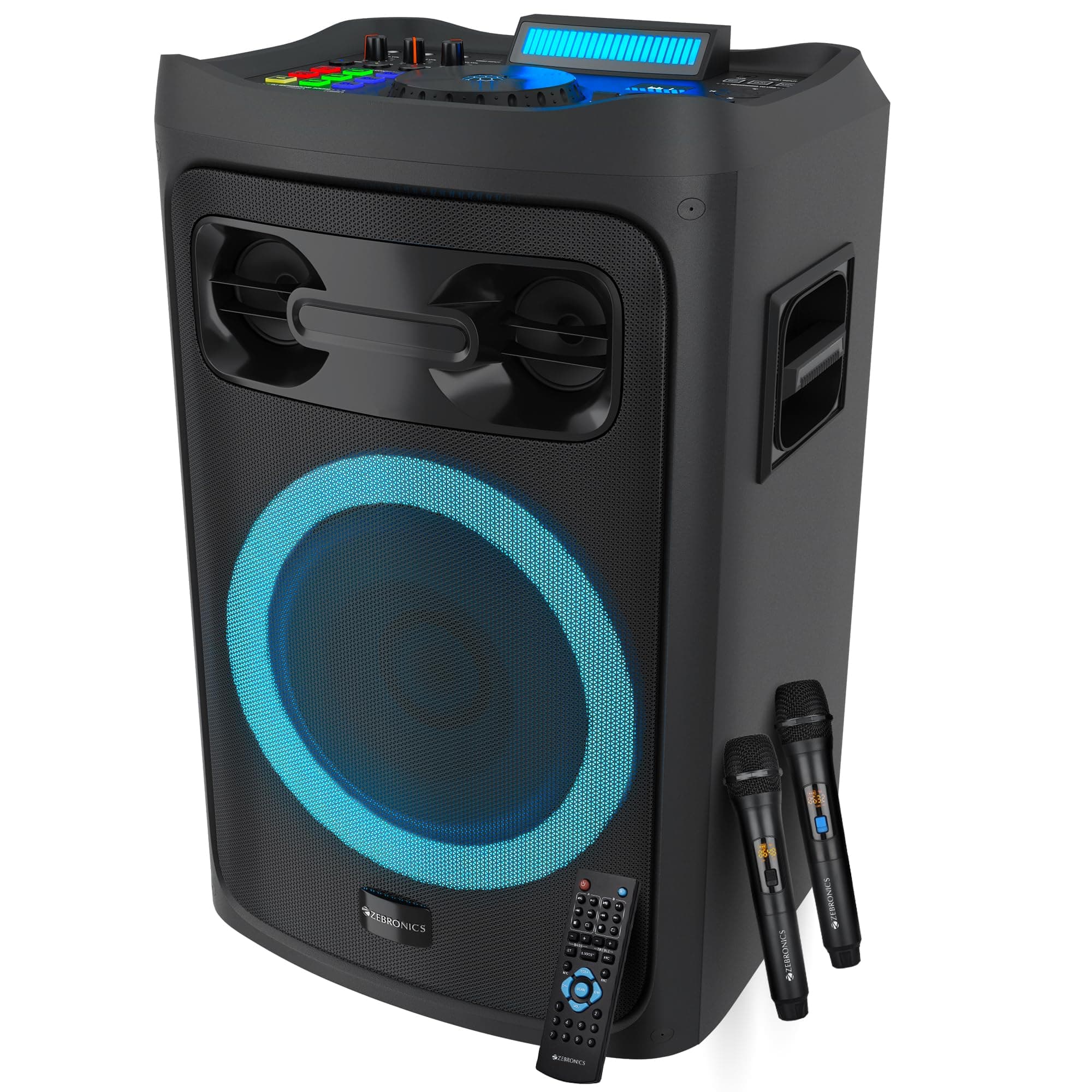 ZEBRONICS New Launch Riser Party DJ Speaker, 210W, Instant Karaoke Maker, Dual Wireless UHF Mic, Dual Bluetooth & USB, AUX, HDMI ARC, Guitar Input, TW...