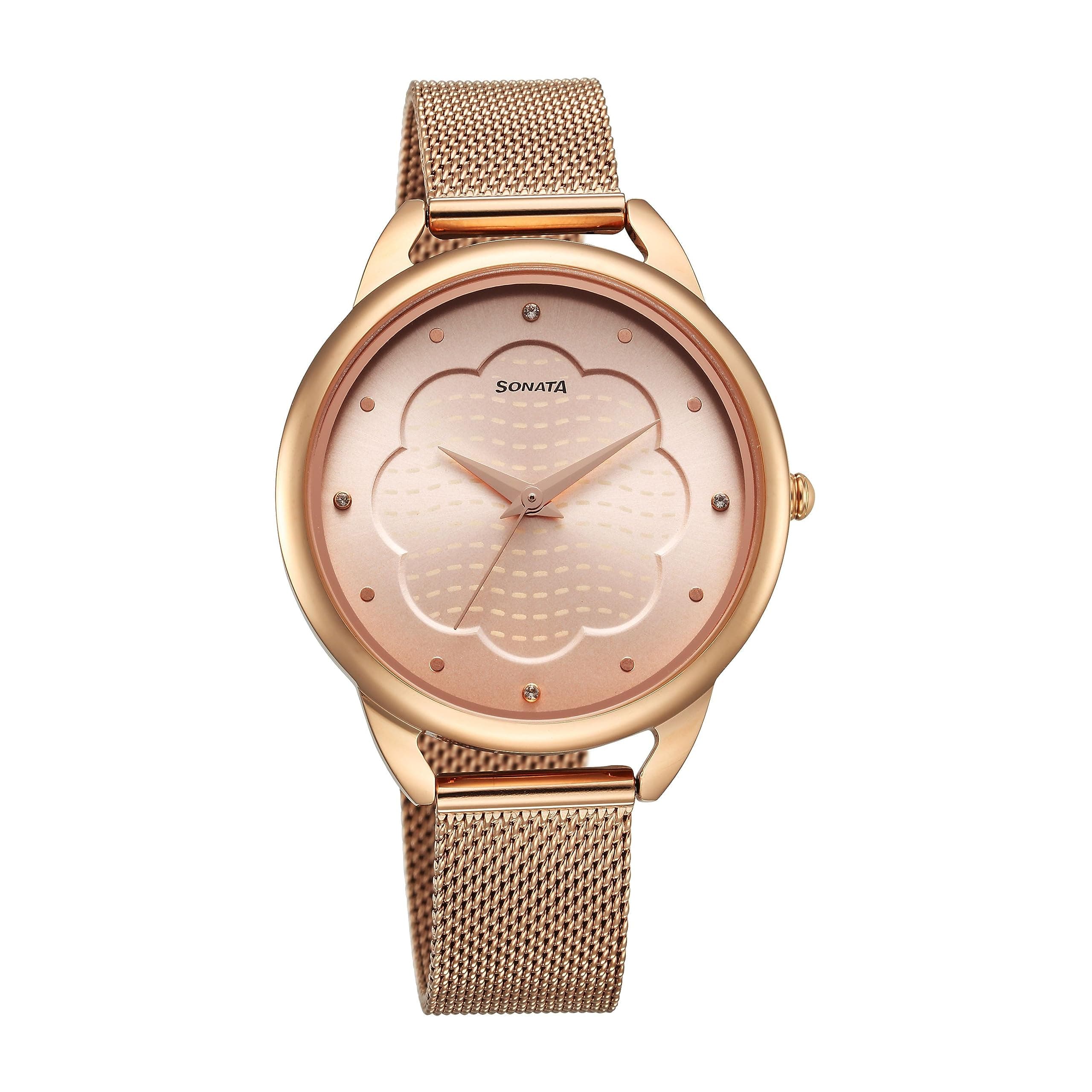 Sonata Wedding Quartz Analog Rose Gold Dial Rose Gold Stainless Steel Strap Watch for Women - NT87051WM02
