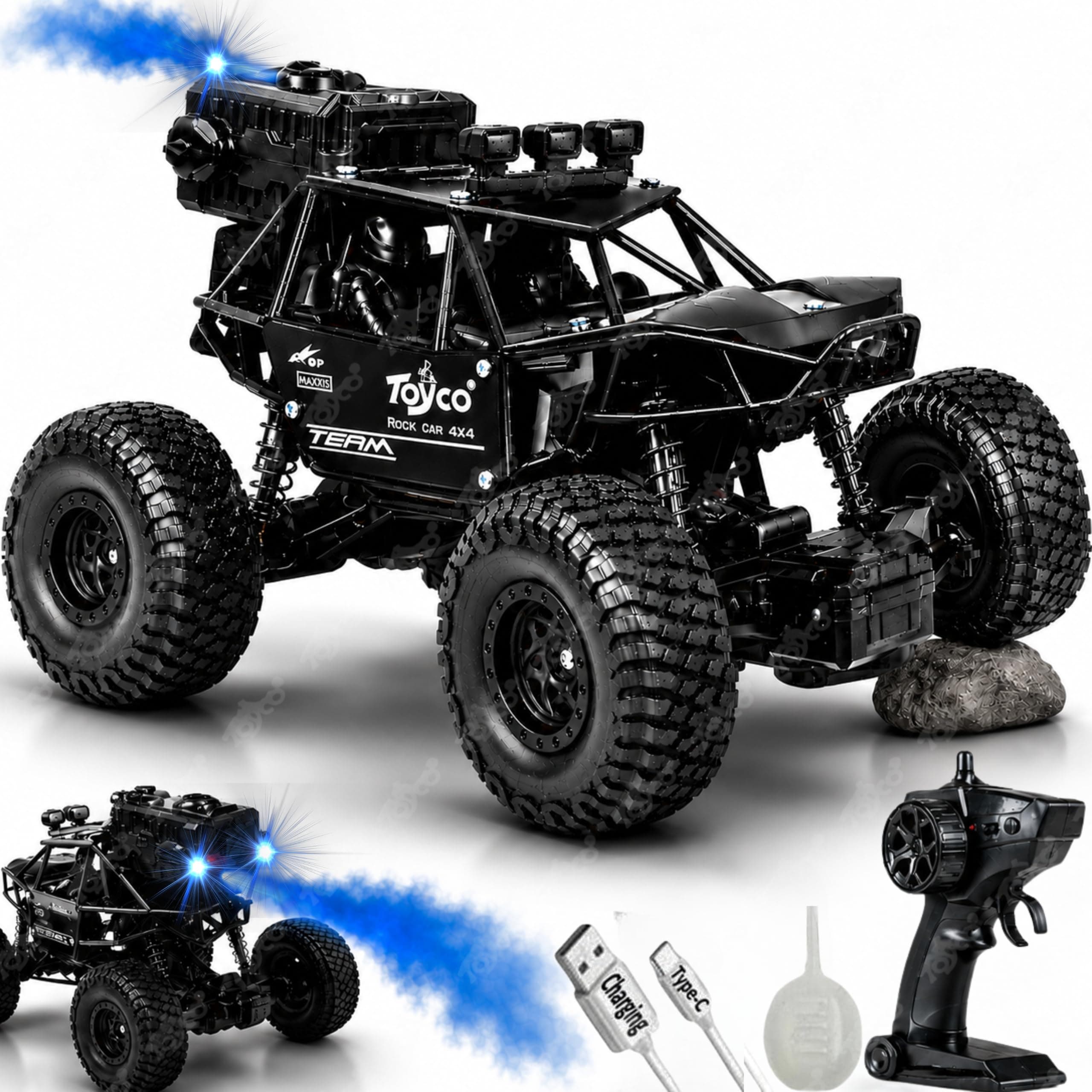 toyco® Alloy Rock Crawler - Rechargeable Remote Control Car with LED Smoke Effect and Anti-Slip Tyres, 1:18 Scale | Off-Road Monster Truck/Car Gift for Kids Boys and Girls Age 4+ (Black)