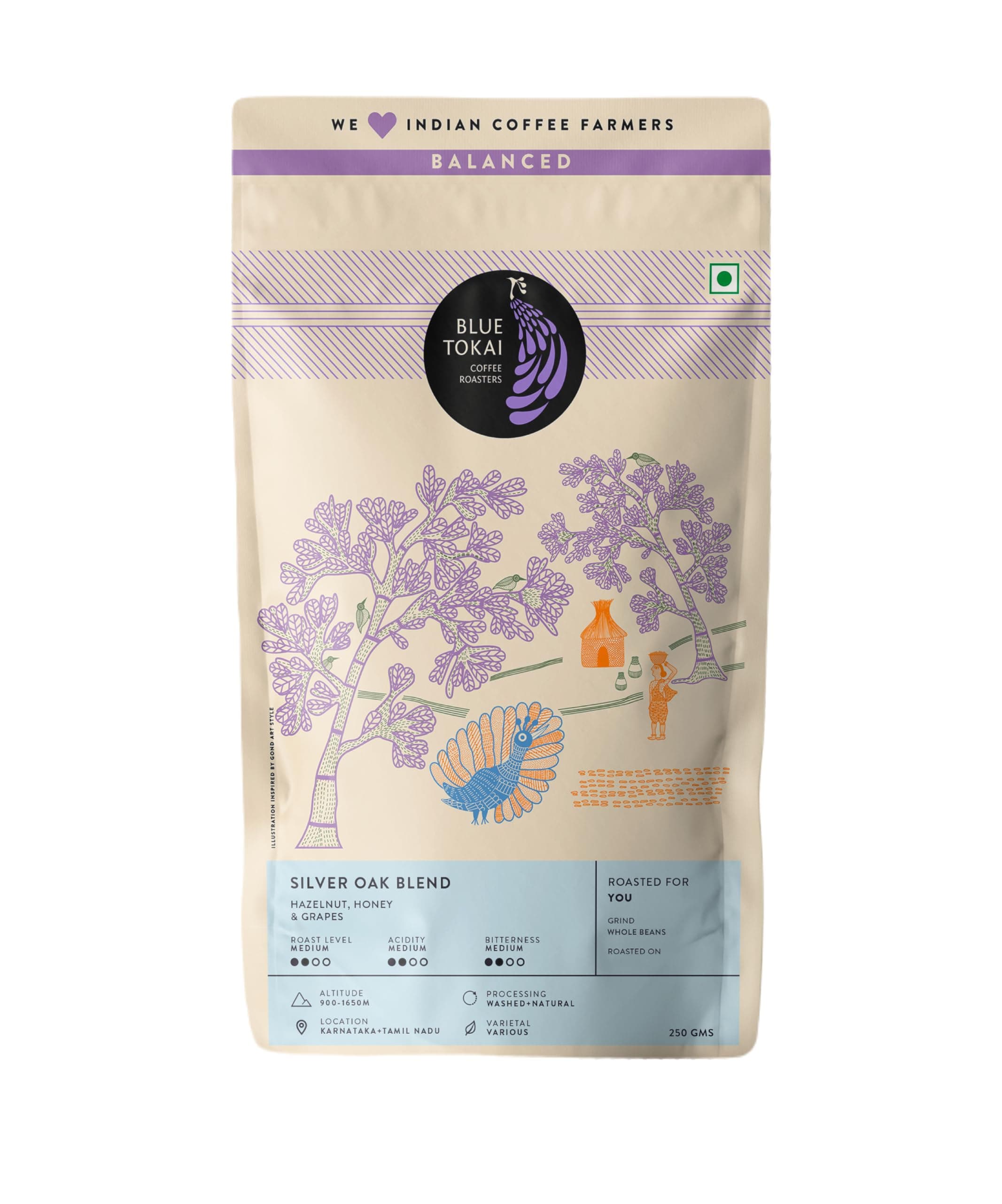 Blue Tokai Coffee Roasters Silver Oak Cafe Blend - Medium Roast | Whole Beans 250 Gram | Rich & Smooth Coffee Blend | 100% Arabica Beans | Specialty C...
