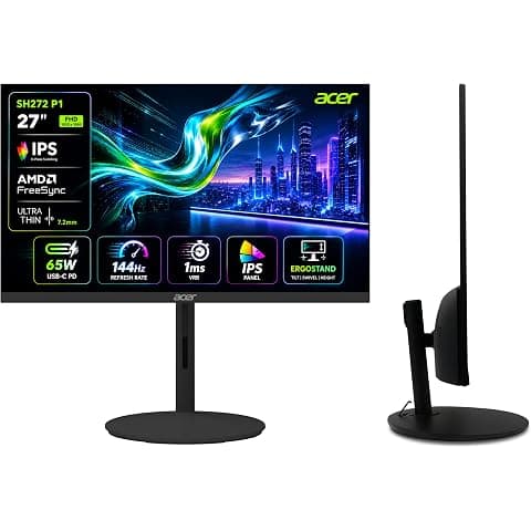 Acer SH272 P1 27 Inch FHD IPS Gaming Monitor I 144Hz Refresh Rate I 1ms VRB I USB Type-C 65W PD I AMD FreeSync I Ultra Slim Design I ErgoStand I HDMI I Built-in Speakers I VisionCare Technology