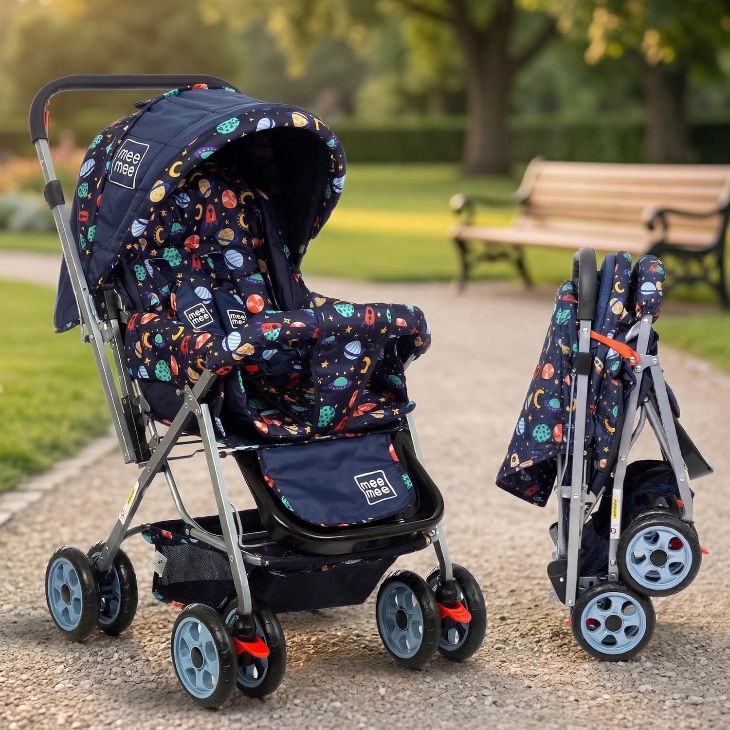 Mee Mee Little Explorer Baby Stroller/Pram for 0 to 3 Years, New Born/Kids, 5 Point Safety Harness, Adjustable backrest, 360 Swivel Wheel, Large Stora...