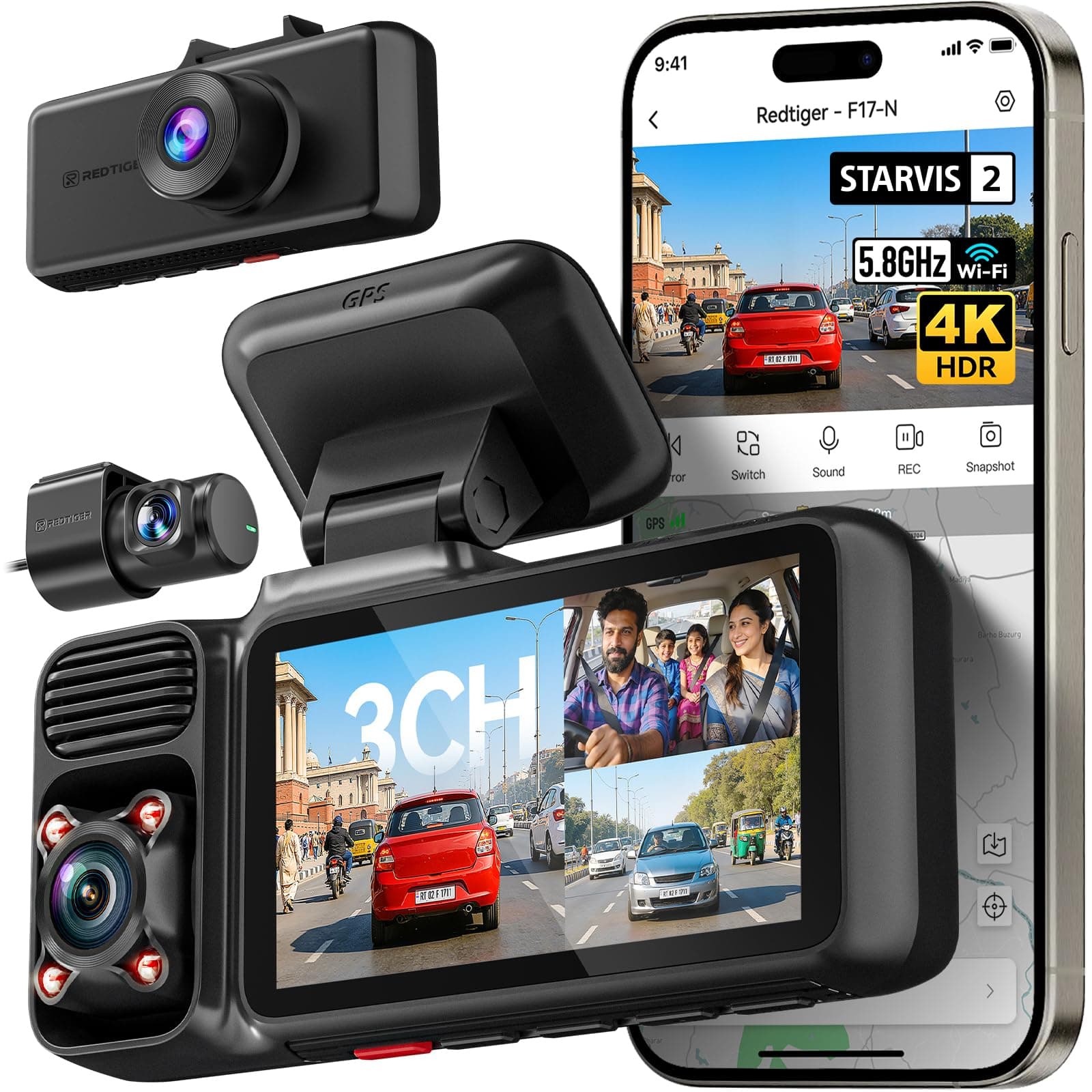 REDTIGER F17 4K 3 Channel Dash Cam Built-in 5G WiFi GPS, 2.5K+1080P+1080P Front and Rear Inside Loop Recording with 64GB Card, Triple Car Camera with ...