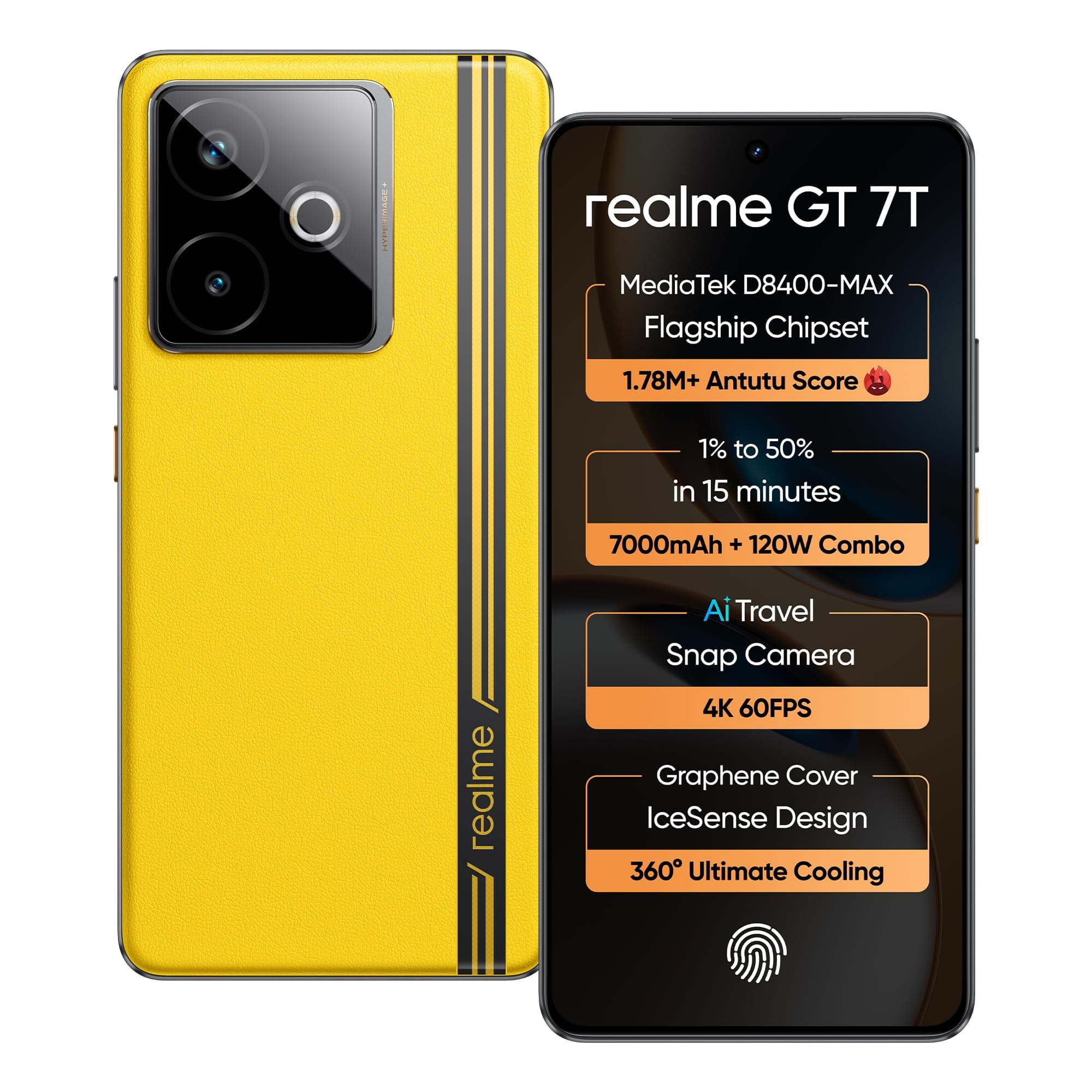 realme GT 7T (Racing Yellow,8GB+256GB) | MediaTek D8400 MAX | Strongest Battery Combo 7000mAh + 120W | AI 4K 60FPS Travel Camera | 360 Cooling IceSens...
