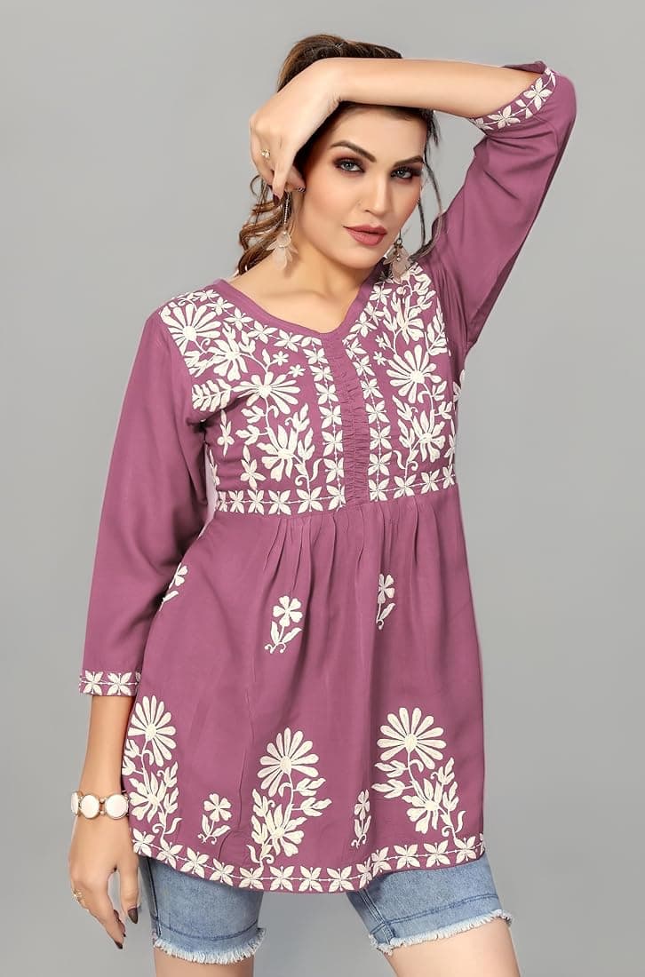 Bee M Pee Designer Short Kurti Tops for Jeans for Women I Chikankari Rayon Cotton Long Kurta Kurti for Women I Stylish wear Kurti top for Girls