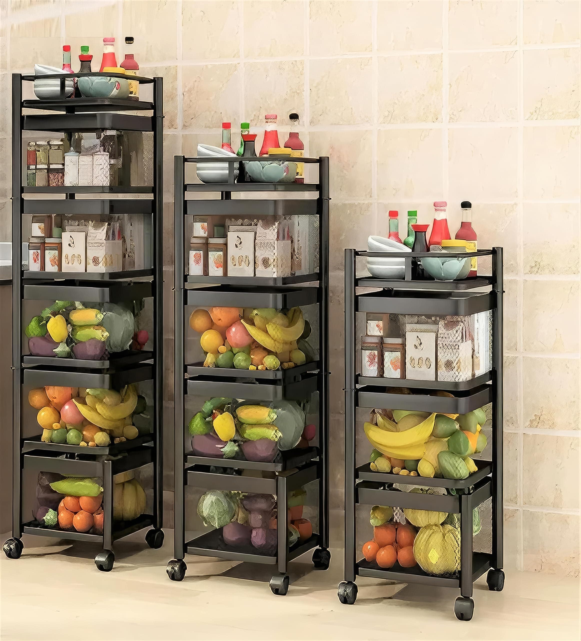 KWER Rotating Kitchen Organizer Items and Storage Mesh Trolley Portable and Multi-Purpose Kitchen Storage Rack Square Design Vegetable Basket for Kitc...