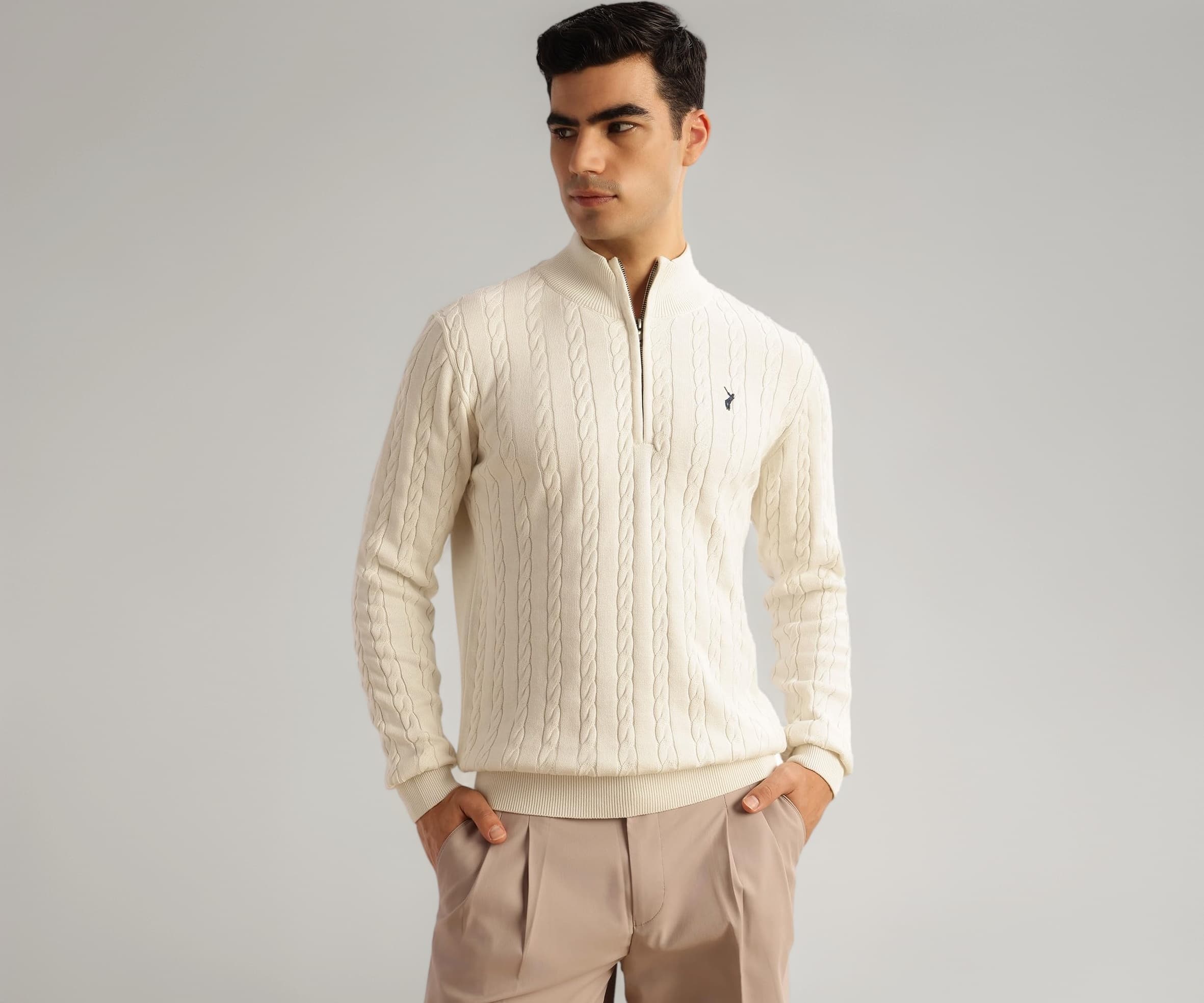 Thomas Scott Men's | Regular Fit | Long Sleeves | Mock Collar | 100% Cotton | Dry Clean | Cable Knit | Knitted | Pullover Sweater
