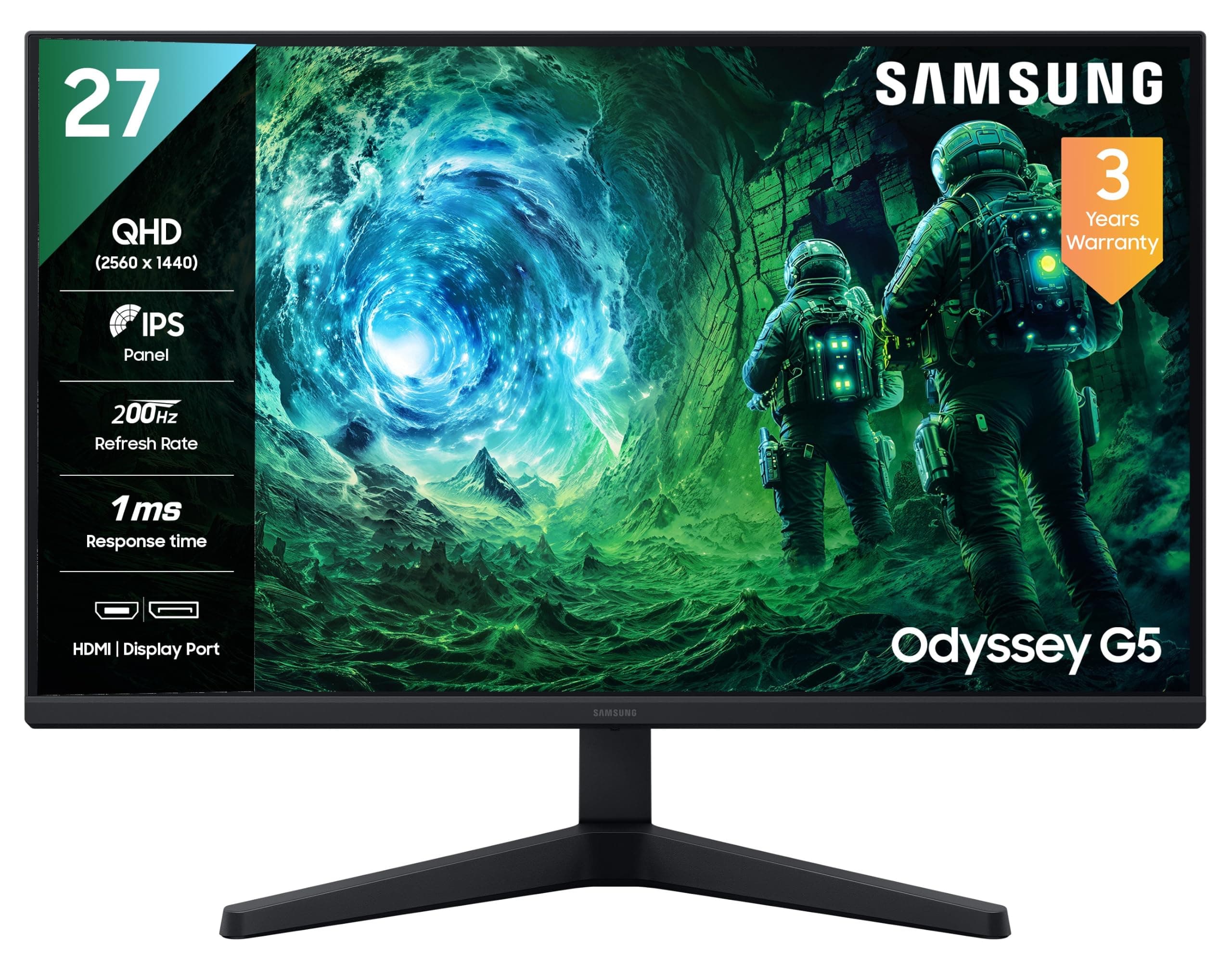 Samsung 27" Odyssey G5 Fast IPS Gaming Monitor|QHD 2560 x 1440|200 Hz|1ms|300nits|HDR10|FreeSync Premium|Ports-DP,2 HDMI,Headphone|Wall Mountable|LS27...