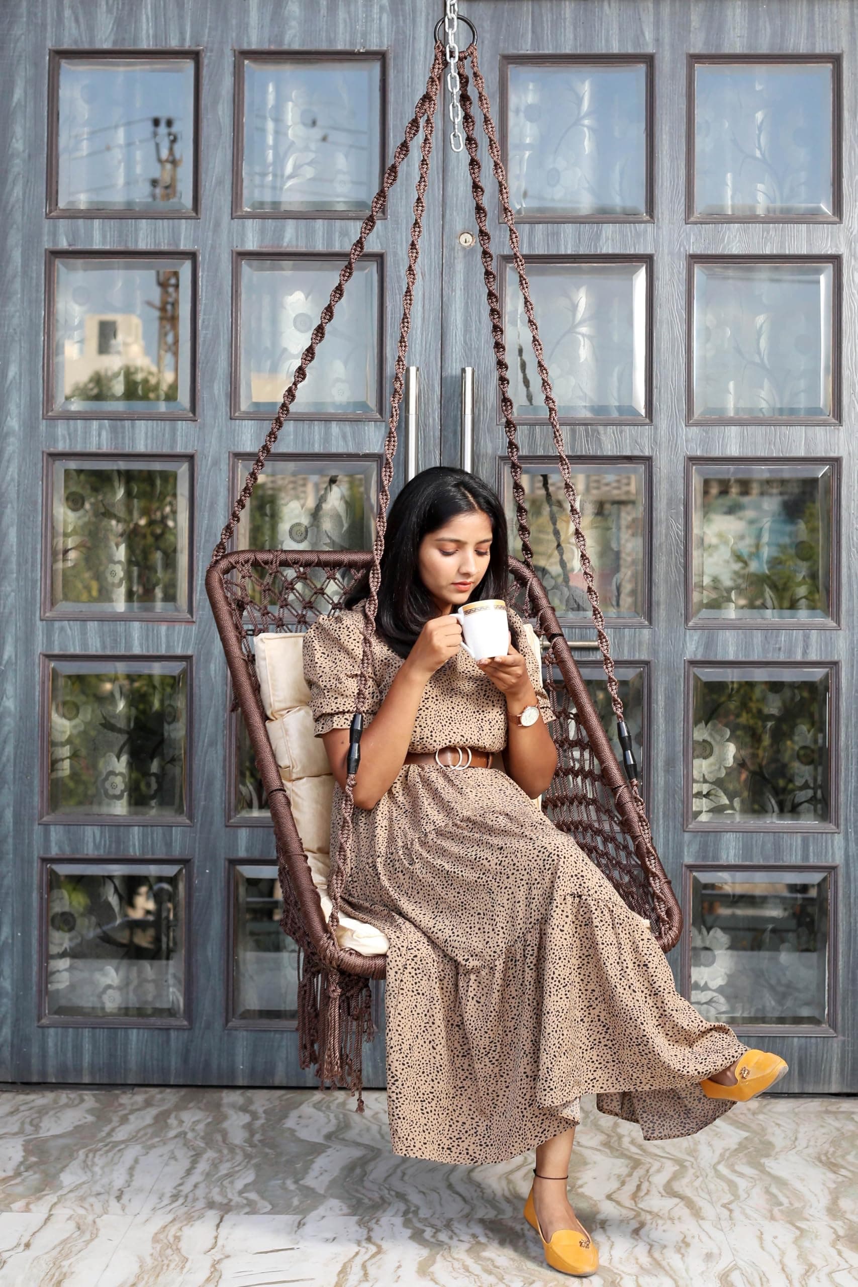Patiofy Premium Square Relaxo Jhula Swing Chair for Adults & Kids/ Hammock Hanging Swing for Balcony, Indoor & Outdoor/ Hanging Jhula Chair with Free L Cushion & Hanging Kit/ 150Kgs Capacity (Brown)