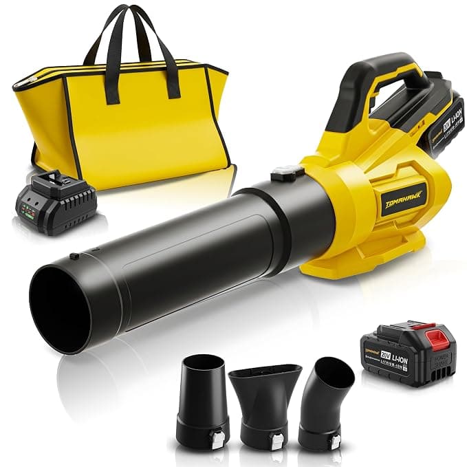 TOMAHAWK® BLB-8130 | 20V Brushless Cordless Leaf Blower with 2×3.0Ah Batteries, 150 MPH Air Speed, 125 CFM Airflow, 4 Nozzles, Fast Charger & Carry Bag – Powerful Garden Cleaning Tool