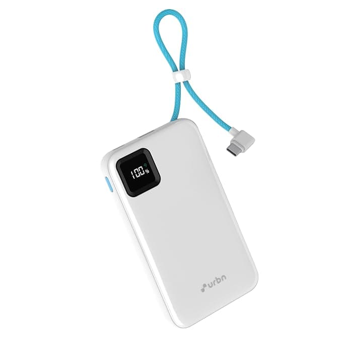 URBN 10000mAh Power Bank with Built-in Type-C Cable | 22.5W Super Fast Charging | Smart LED Display | Pocket Size | Dual Type C PD + USB Output | Portable Charger for iPhone, Samsung, and More - White