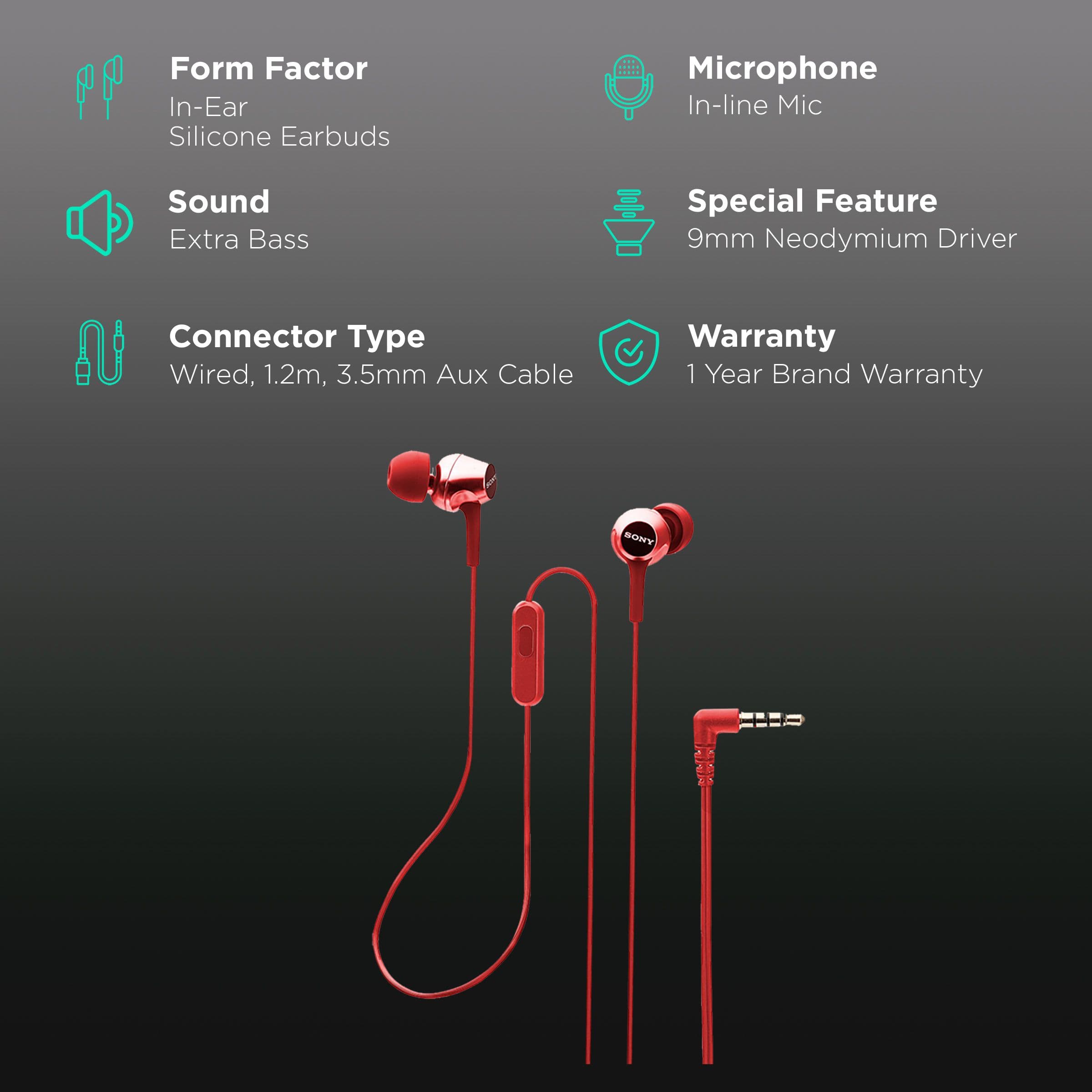 Sony MDR-EX155AP In-Ear Wired Earphones with Mic (Red)