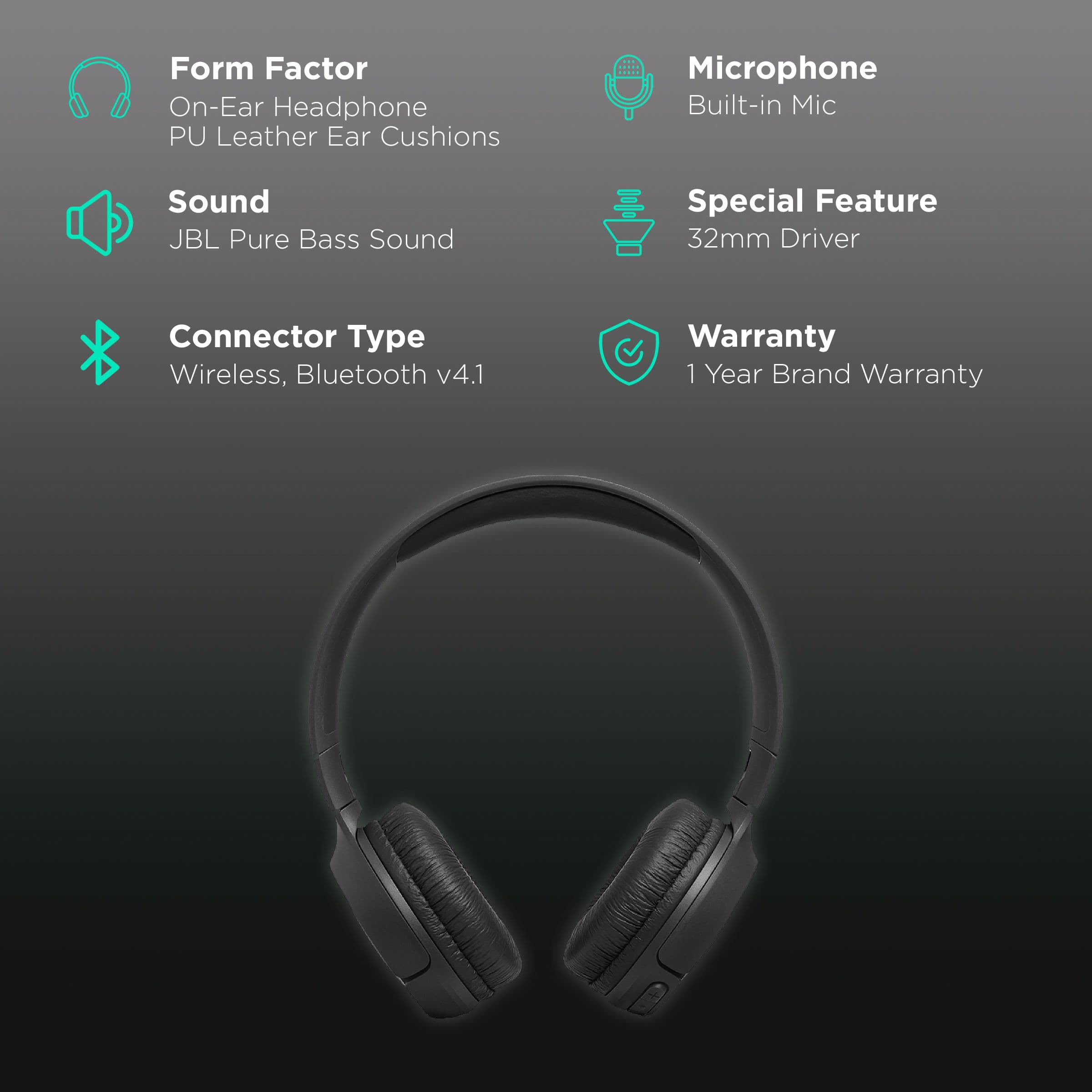 JBL Tune 500 JBLT500BTBLK Bluetooth Headset with Mic (16 Hours Playback, On Ear, Black)