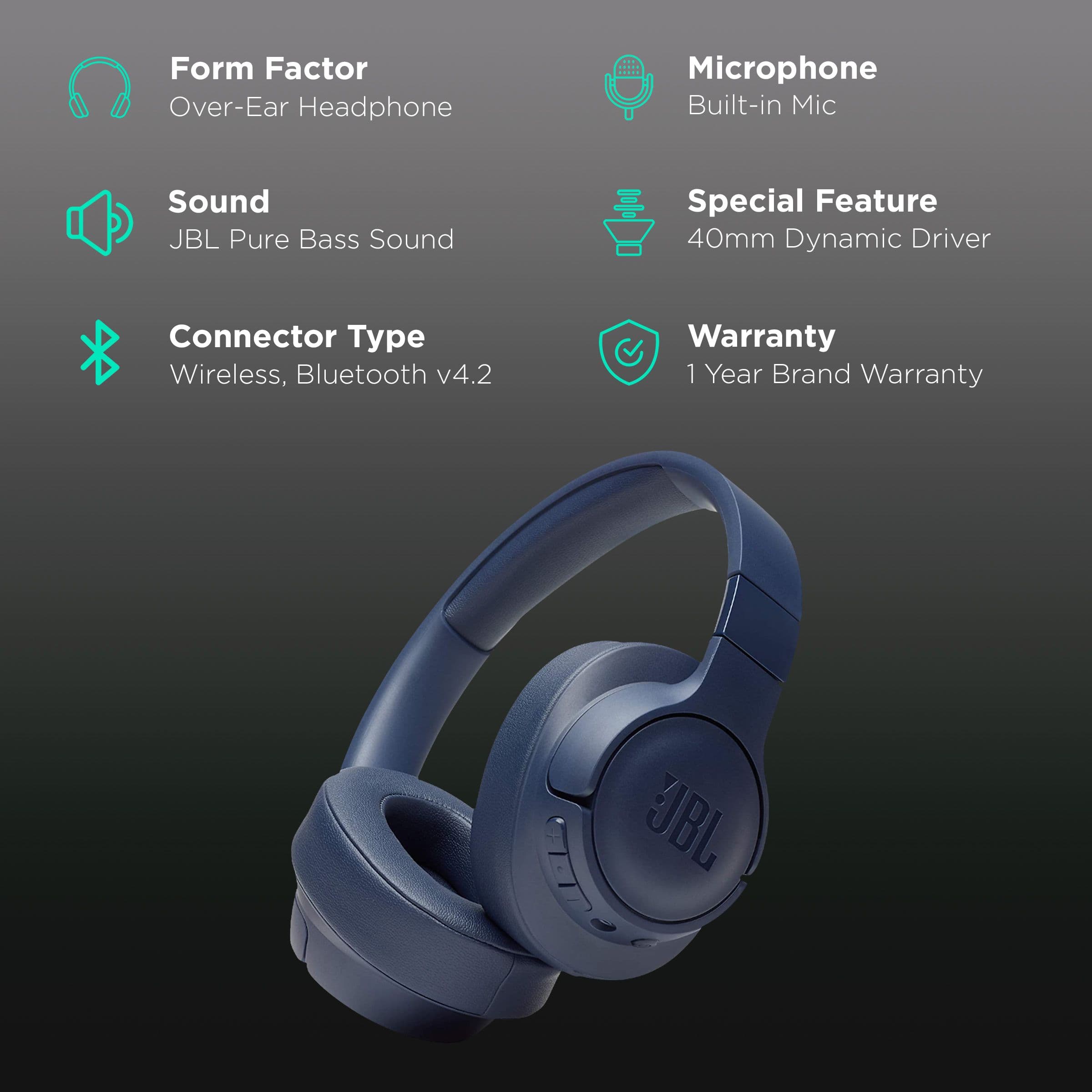 JBL Tune 700BT JBLT700BTBLU Over-Ear Wireless Headphone with Mic (Bluetooth 4.2, Voice Assistant, Blue)