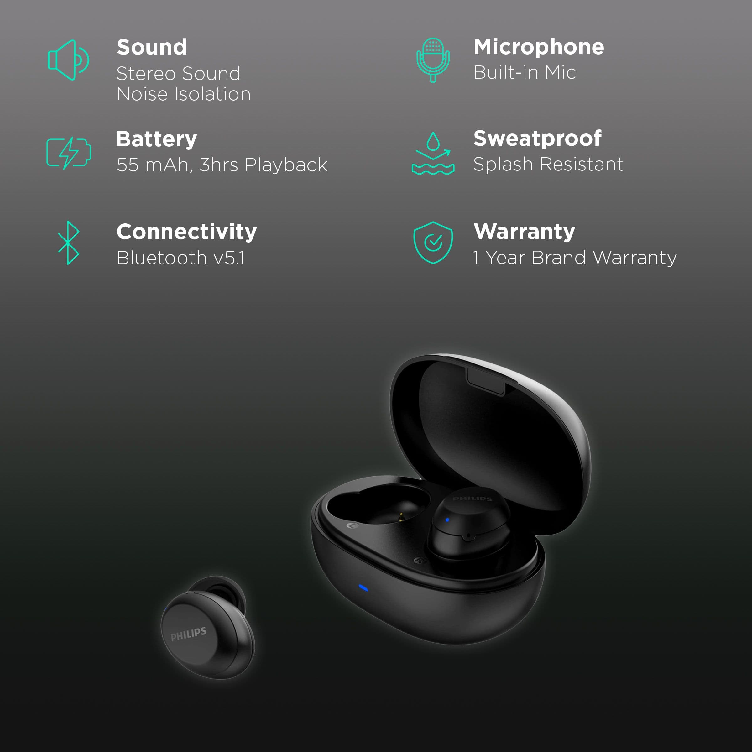 Philips 1000 Series TAT1235BK/97 In-Ear Noise Isolation Truly Wireless Earbuds with Mic (Bluetooth 5.1, Smart Pairing, Black)