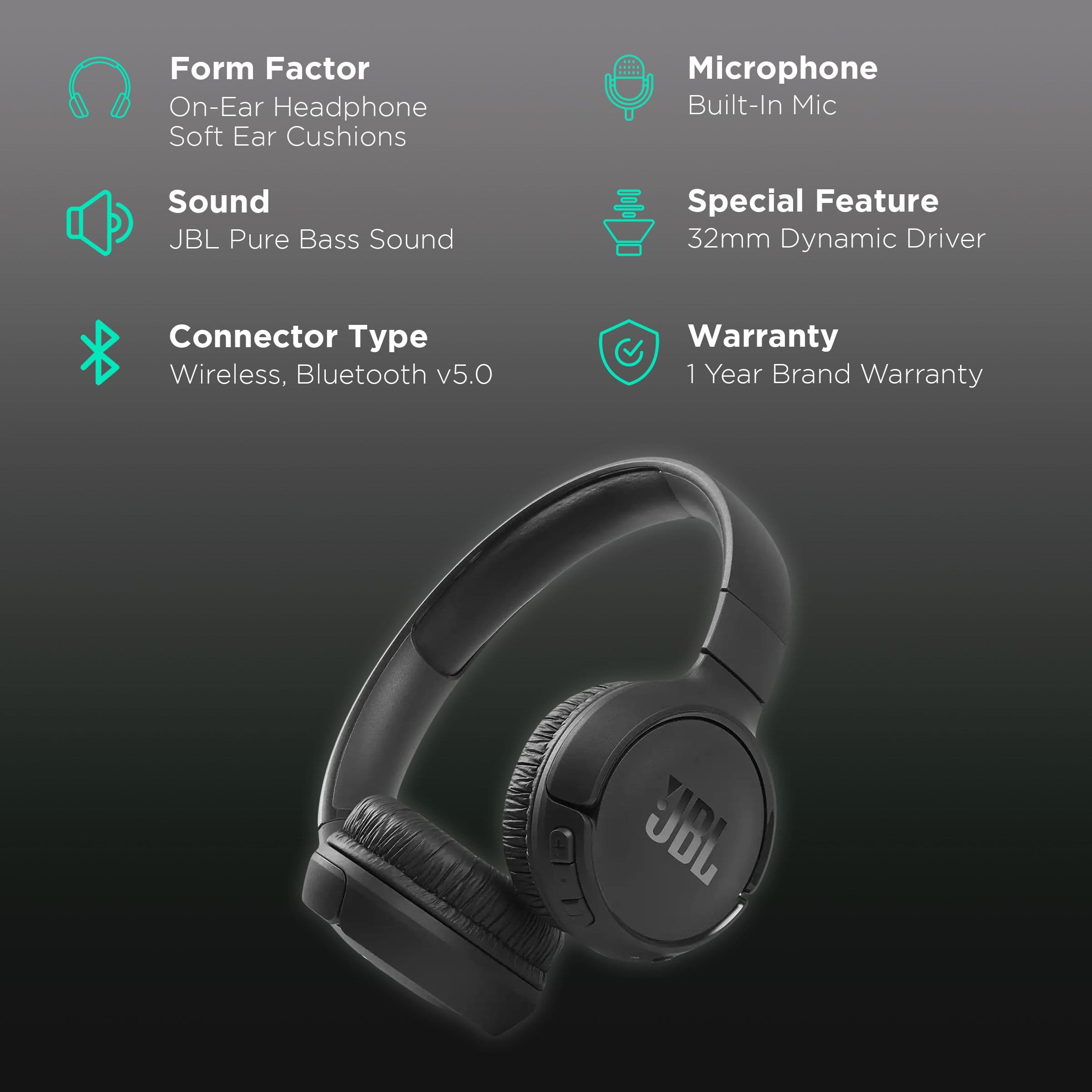 JBL Tune 510BTÂ On-Ear Wireless Headphone with Mic (Bluetooth 5.0, Pure Bass Sound, Black)