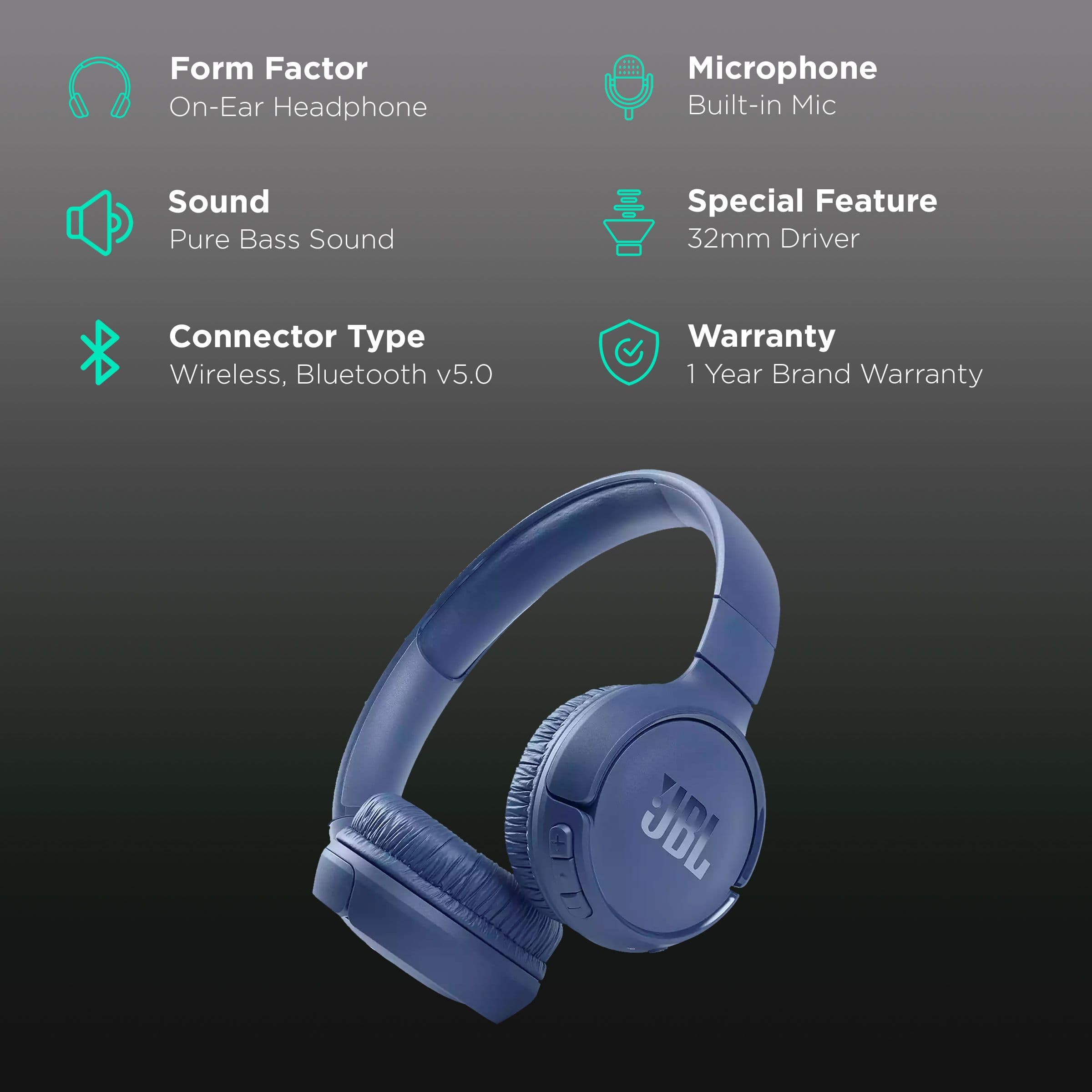 JBL Tune 510 JBLT510BTBLU Bluetooth Headset with Mic (Dual Connectivity, On Ear, Blue)