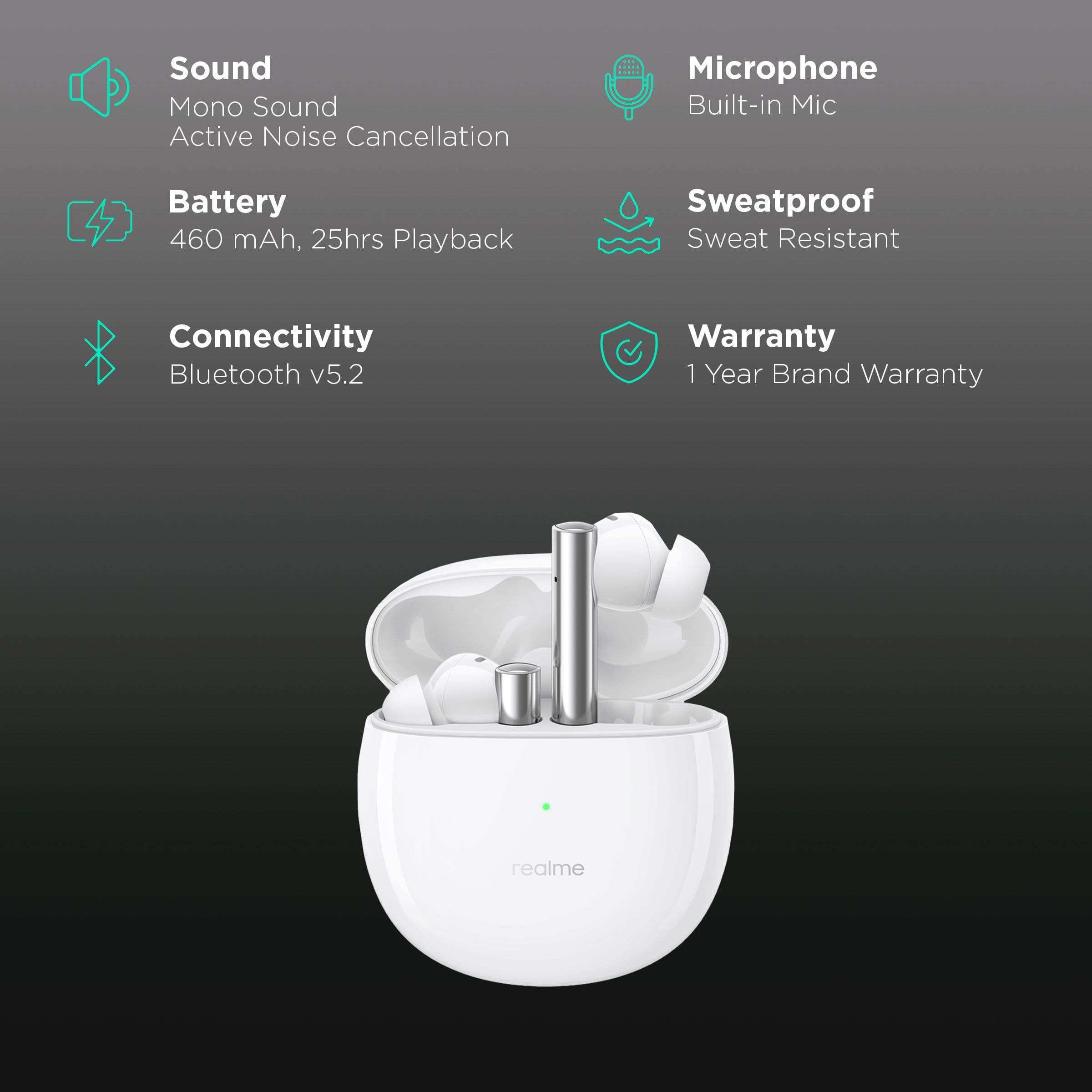 Realme Buds Air 2 RMA2003 In-Ear Active Noise Cancellation Truly Wireless Earbuds with Mic (Bluetooth 5.2, Smart Detection Sensor, Closer White)