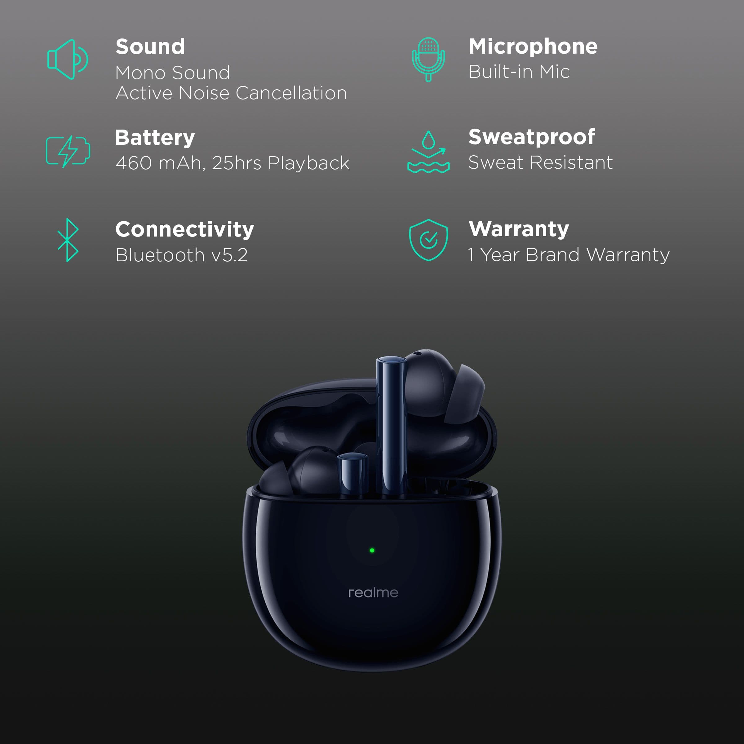 Realme Buds Air 2 RMA2003 In-Ear Active Noise Cancellation Truly Wireless Earbuds with Mic (Bluetooth 5.2, Smart Detection Sensor, Closer Black)