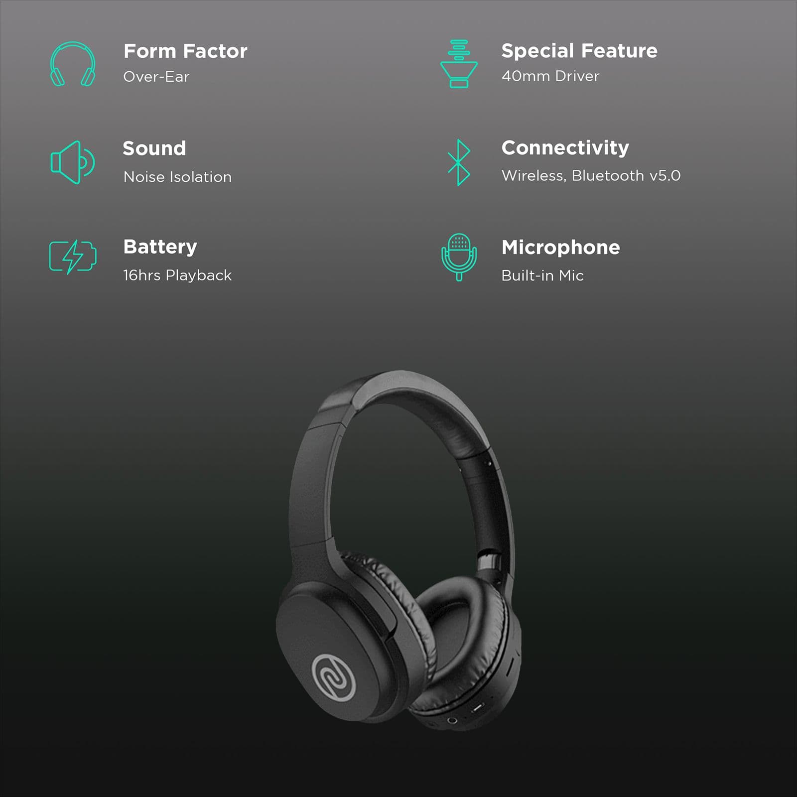 noise One On-Ear Noise Isolation Wireless Headphone with Mic (Bluetooth 5.0, Tru Bass Technology, Soft Black)