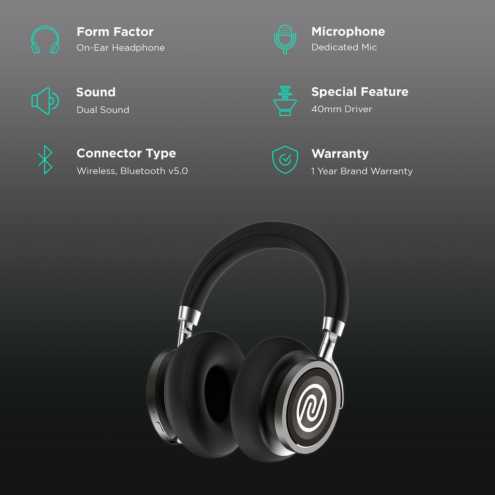 Noise Defy On-Ear Active Noise Cancellation Wireless Headphone With Mic (Bluetooth 5.0, IPX5 Water Resistance, Black)