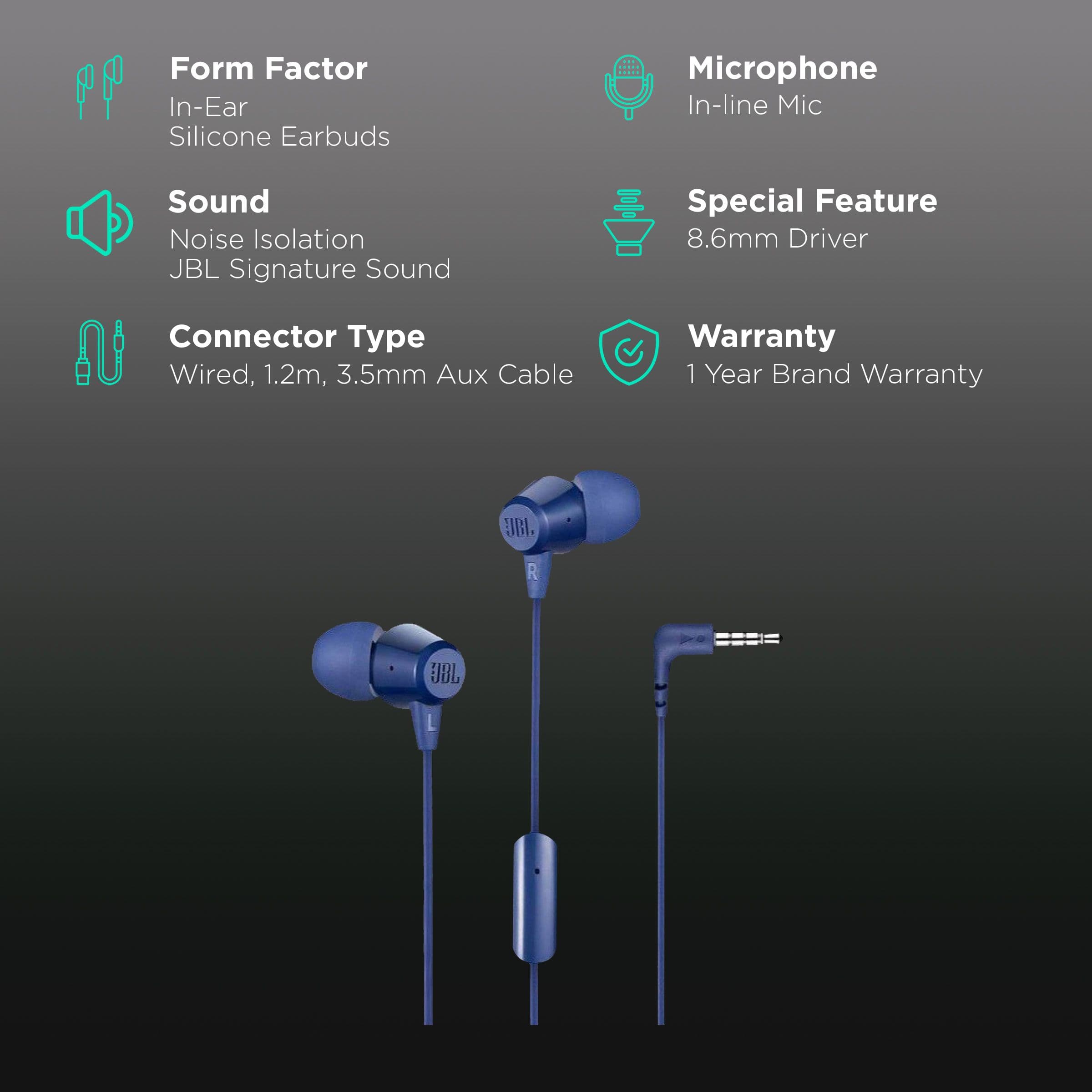 JBL T50HIBLUIN Wired Earphone with Mic (In Ear, Blue)