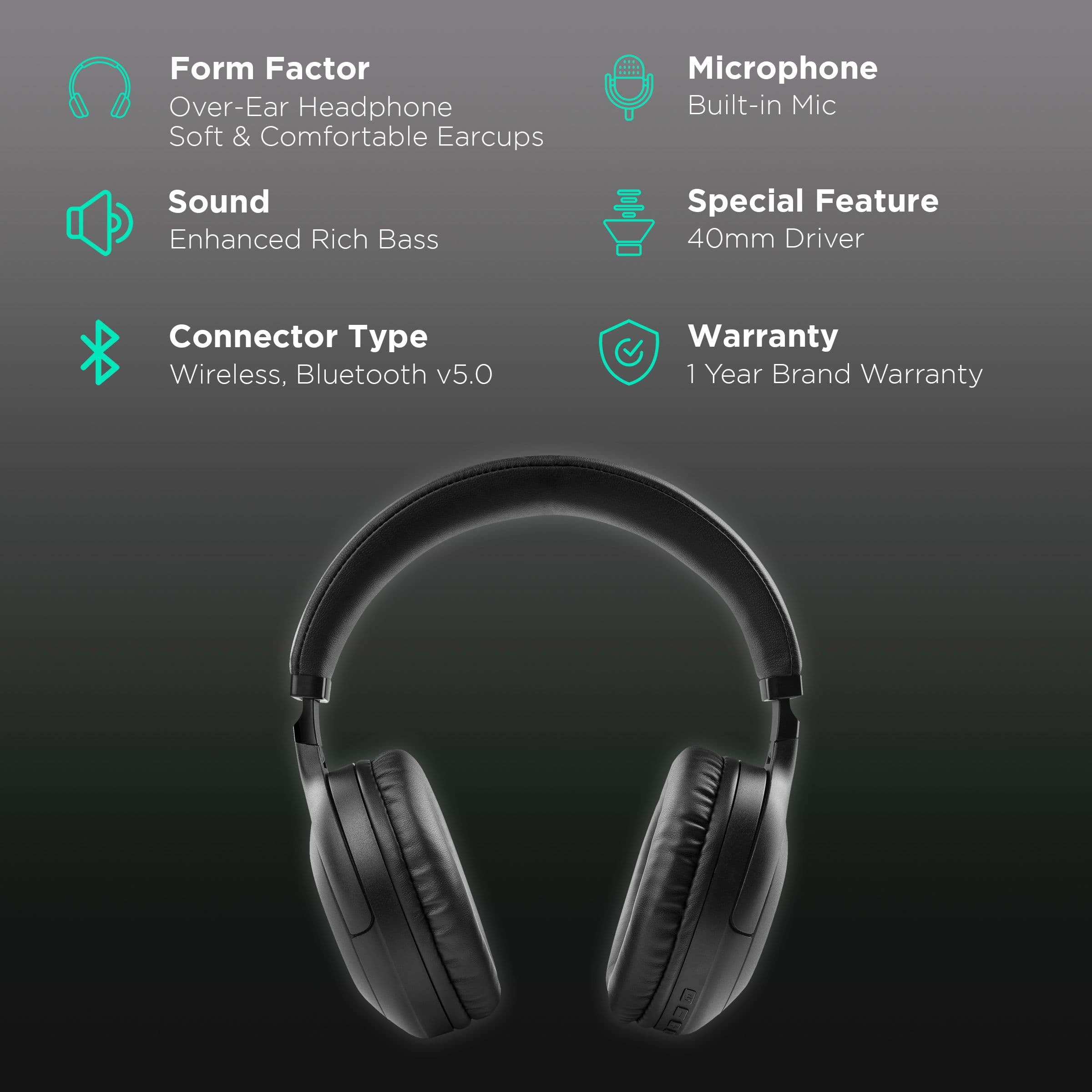 Croma Over-Ear Wireless Headphone With Mic (CREEH1903sHPA1, Bluetooth 5.0, Stereo Sound, Black)