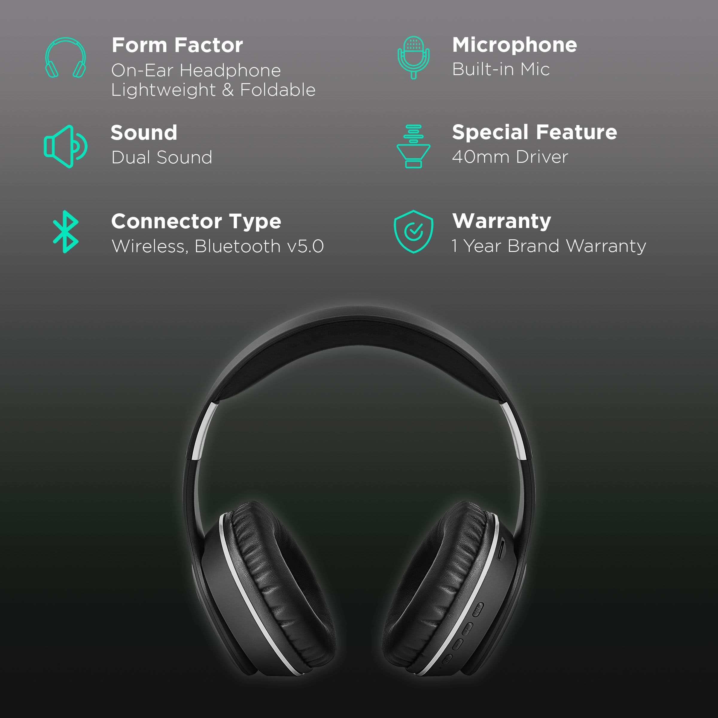 Croma On the Ear Bluetooth Headphone with Built in Mic, playback time up to 16 hours, supports 3.5mm aux in connectivity, foldable design, latest Bluetooth version 5.0 (12 Months Warranty) (CREEH1904sHPA4, Black)