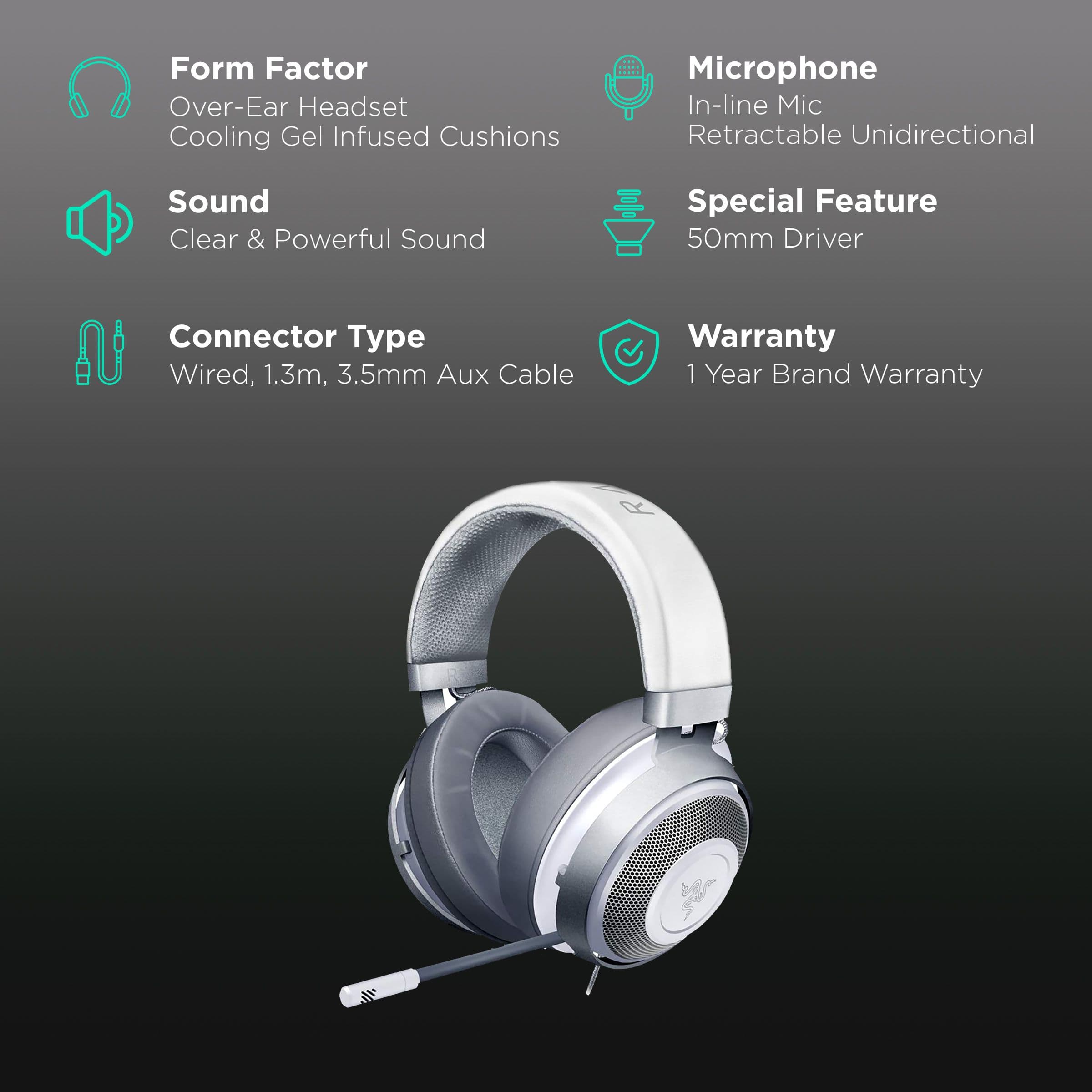 RAZER Kraken RZ04-02830400-R3M1 Wired Gaming Headset with Noise Isolation (Thicker Headband Padding, Over Ear, Mercury)