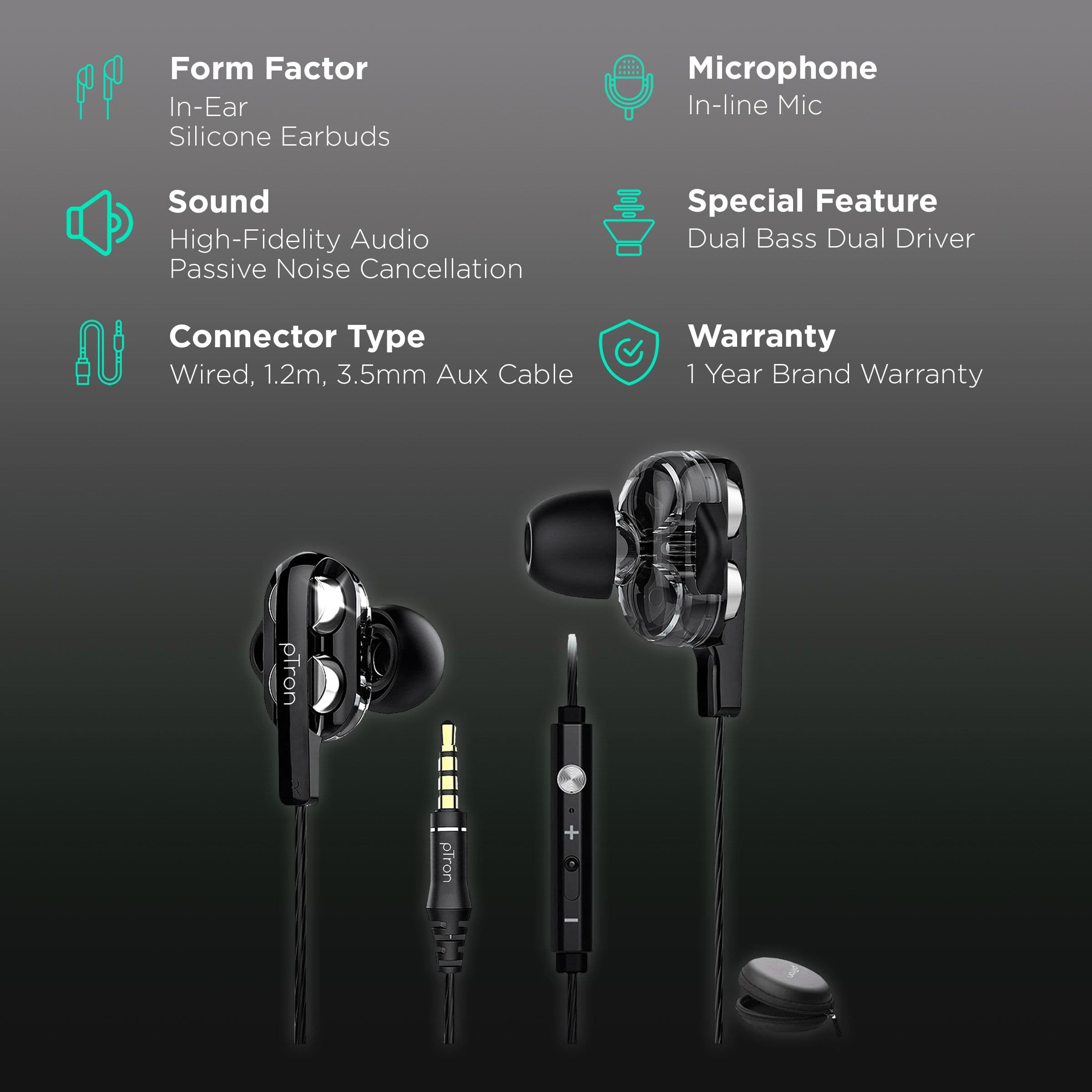 pTron Boom Pro 140317791 In-Ear Passive Noise Cancellation Wired Earphone with Mic (Deep Bass Sound, Black/Silver)