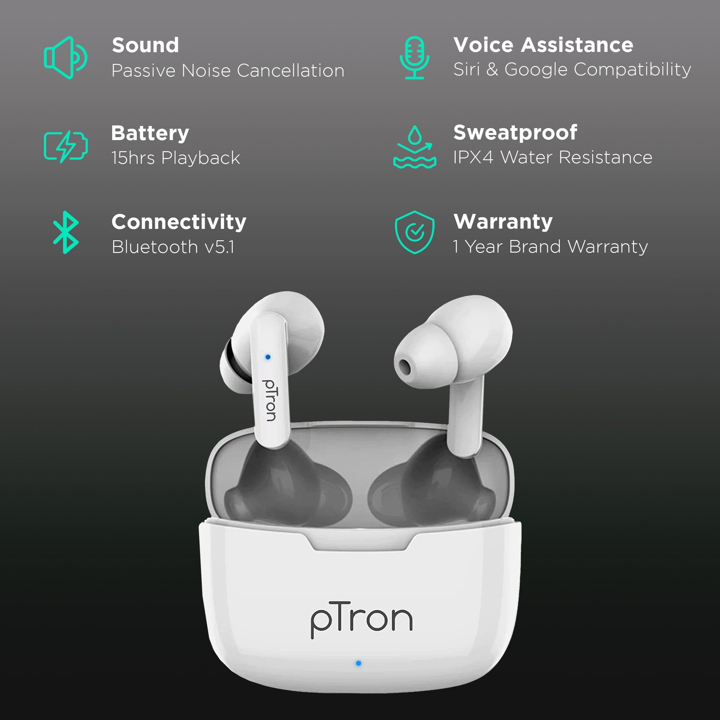 pTron Bassbuds Duo 140318114 In-Ear Truly Wireless Earbuds with Mic (Bluetooth 5.1, Water Resistant, White)