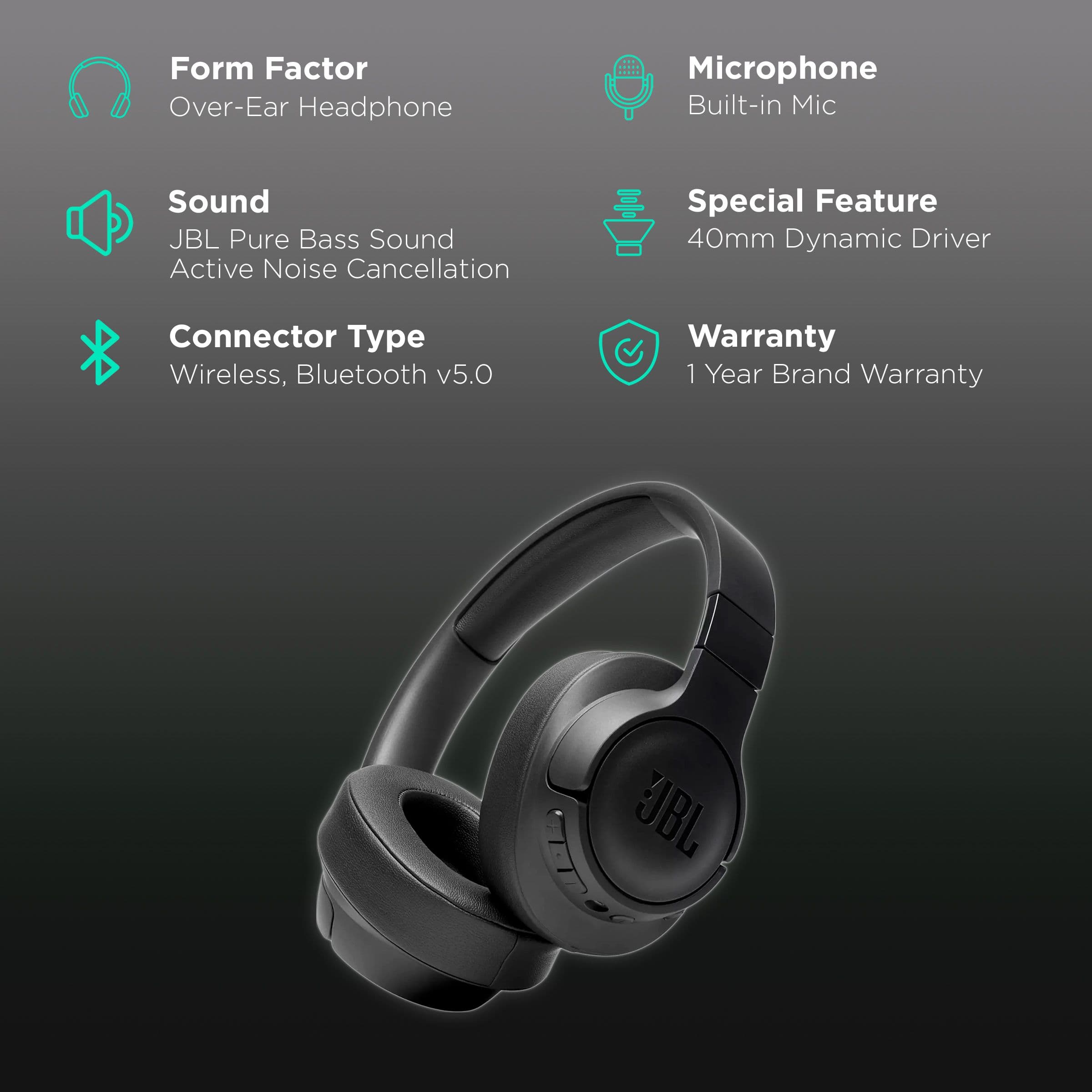JBL Tune 760NC Over-Ear Wireless Headphone with Mic (Bluetooth 5.0, Active Noise Cancellation, Black)