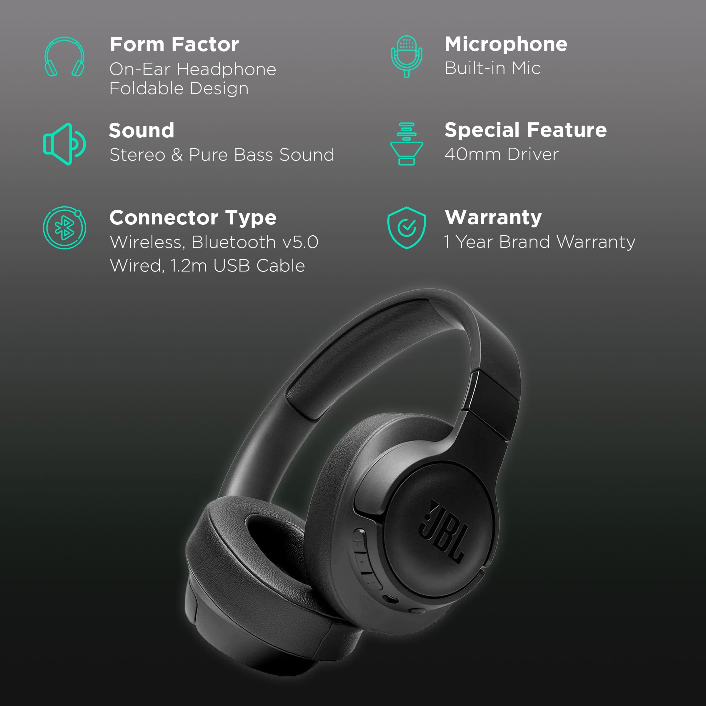 JBL Tune Over-Ear Wireless Headphone with Mic (Bluetooth 5.0, Voice Assistant, JBLT710BTBLK, Black)