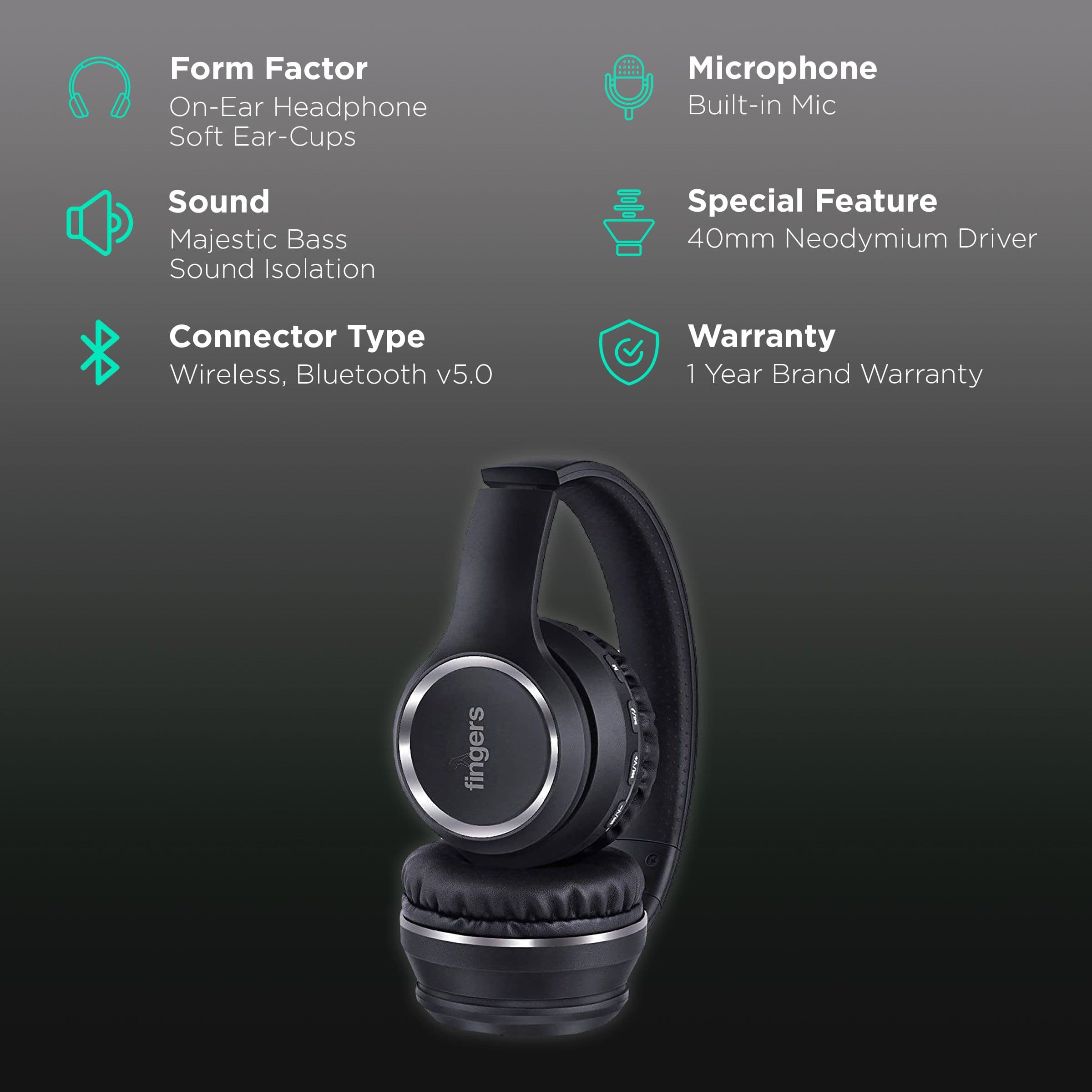 fingers Tap-2-Beat Bluetooth Headphone with Mic (Majestic Bass, On Ear, Jet Black)