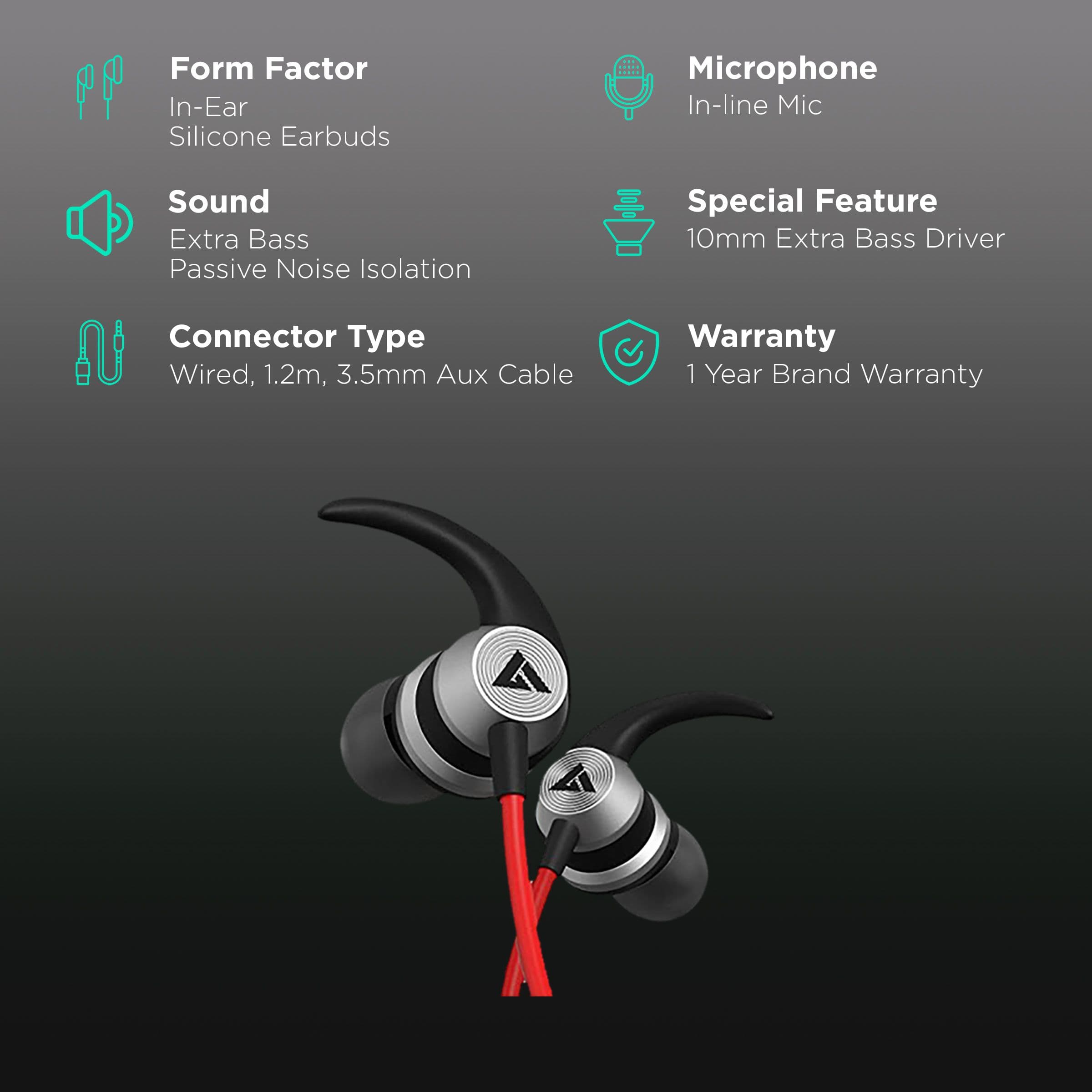 Boult Audio Bassbuds X1 BA-RD-X1 In-Ear Wired Earphone with Mic (Extra Bass, Red)