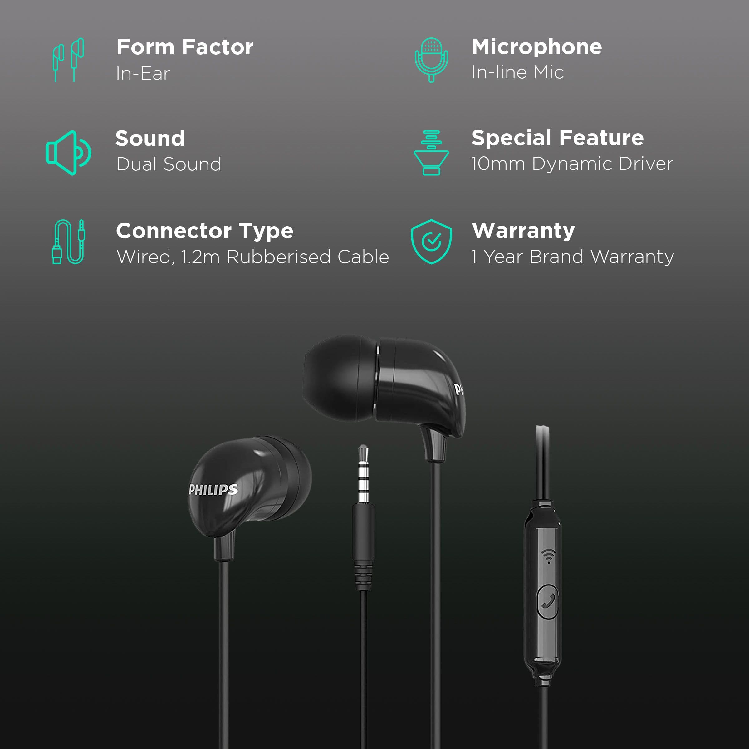 Philips TAE1126BK/94 Wired Earphone with Mic (In Ear, Black)