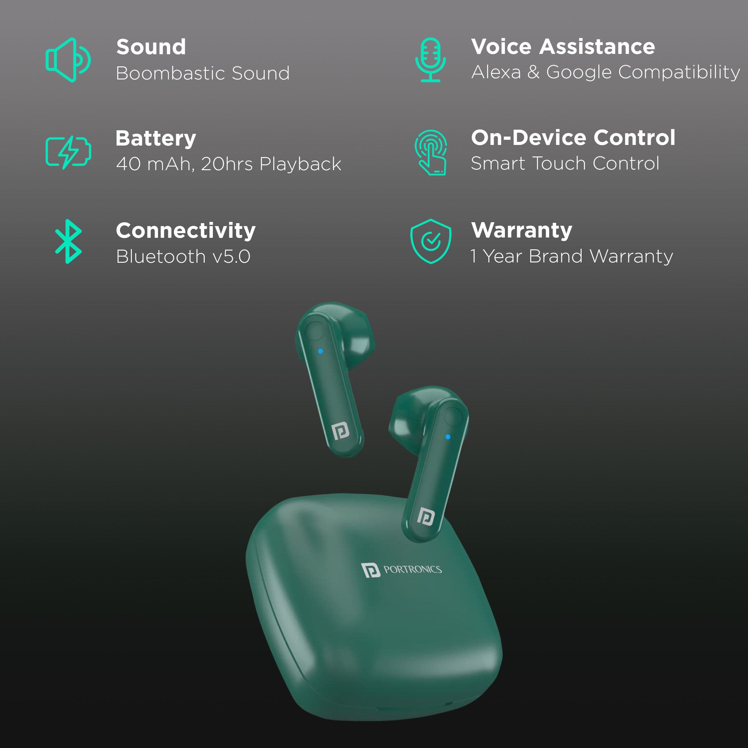 Portronics Harmonics Twins S2 In-Ear Truly Wireless Earphone with Mic (Bluetooth 5.0, Digital Battery Display, Green)