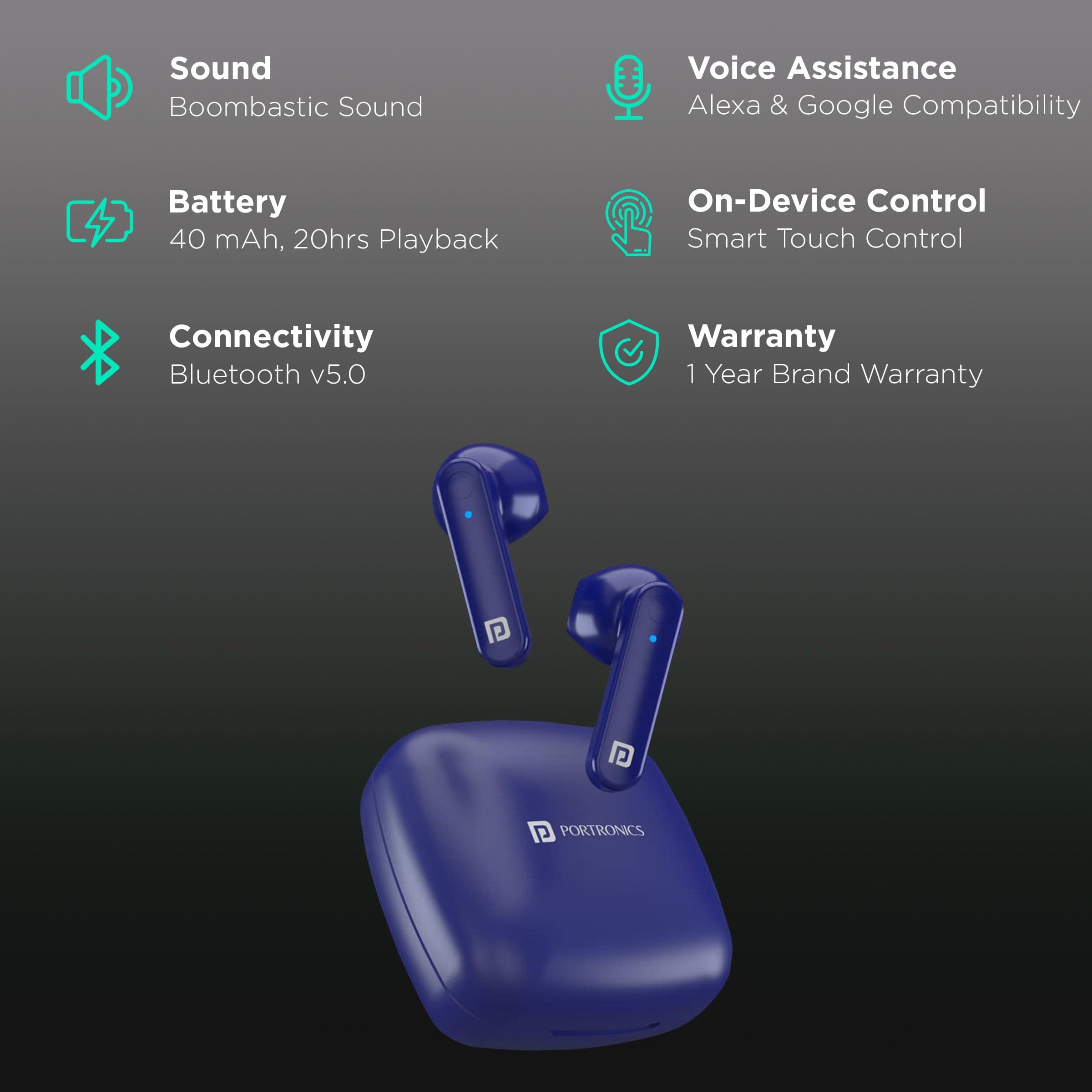 PORTRONICS Harmonics Twins S2 POR 1527 TWS Earbuds (Sweatproof & Water Resistant, 20 Hours Playback, Blue)