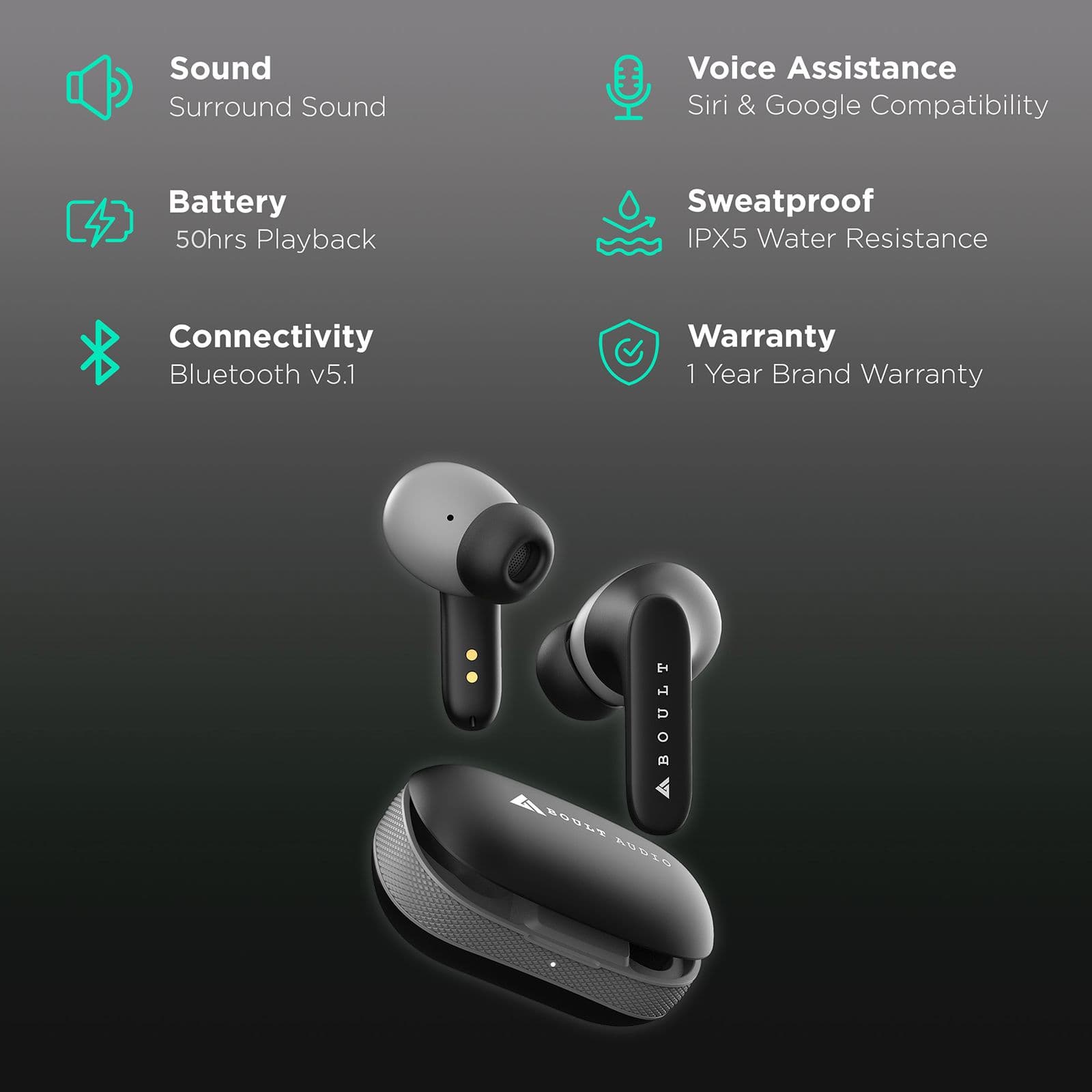 Boult Audio AirBass In-Ear Truly Wireless Earbuds with Mic (Bluetooth 5.1, IPX5-Rated Water Resistant, BA-CR-Y1, Black)