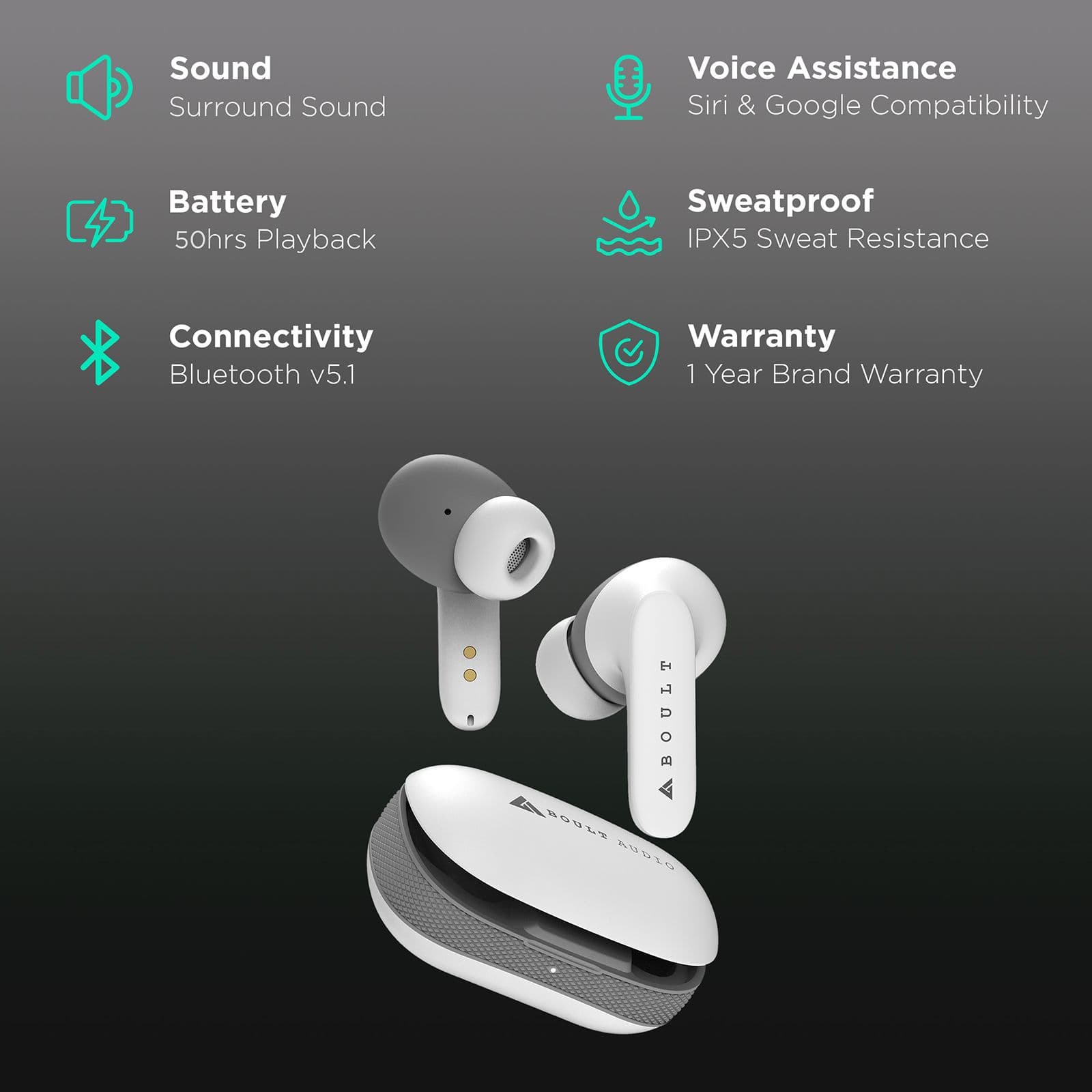 Boult Audio AirBass In-Ear Truly Wireless Earbuds with Mic (Bluetooth 5.1, IPX5-Rated Water Resistant, BA-CR-Y1, White)