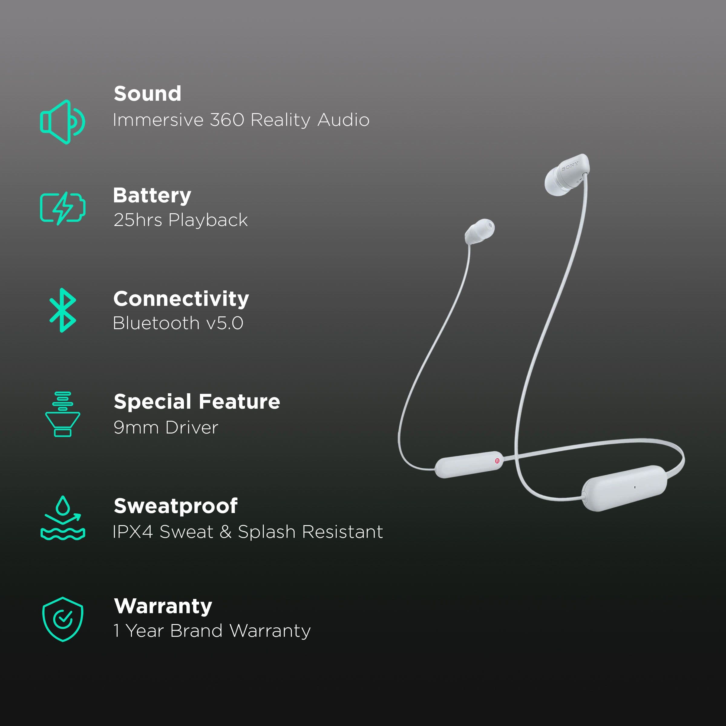 SONY WI-C100 Neckband (IPX4 Sweat & Splashproof, 25 Hours Playtime, White)