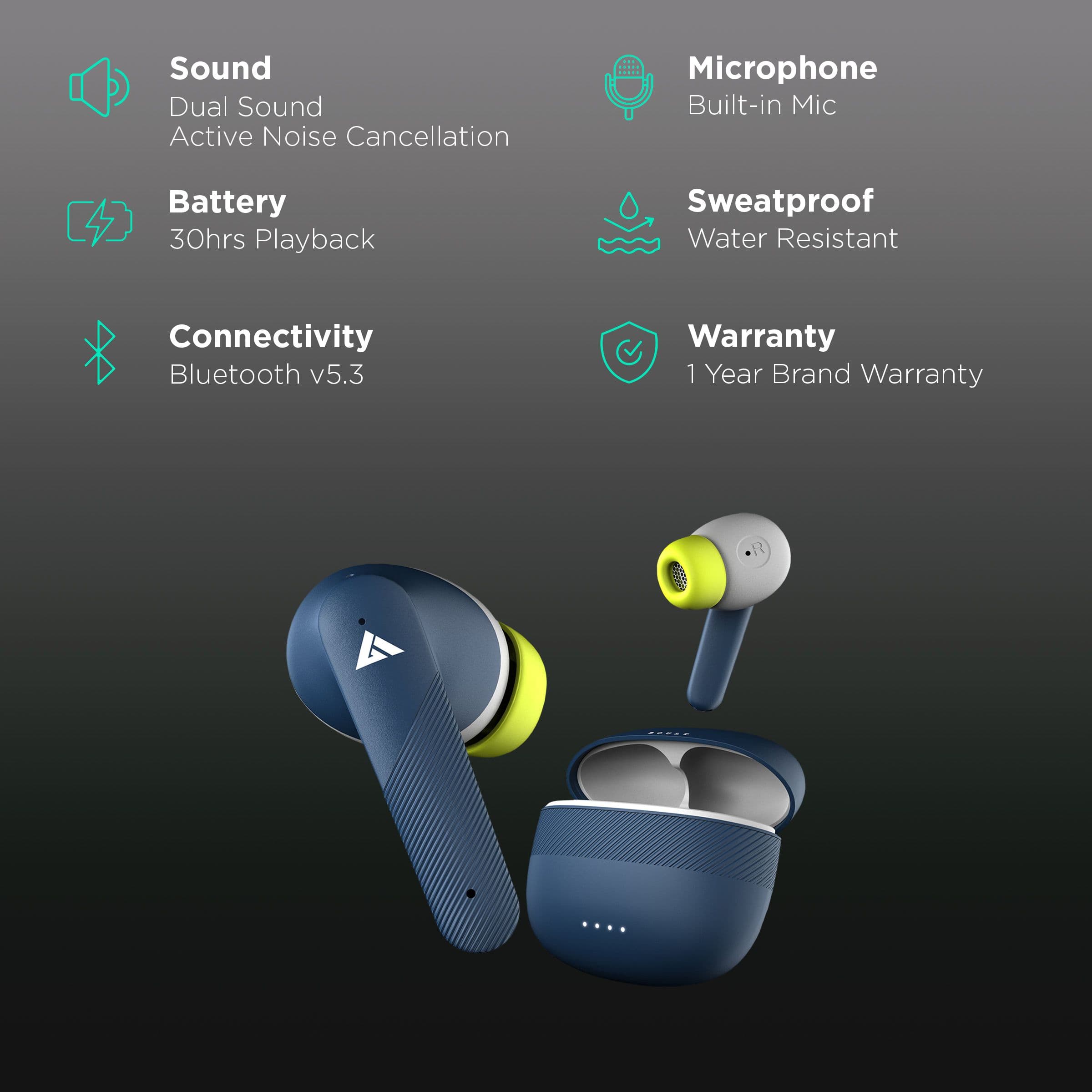 Boult Audio X60 TWS Earbuds with Active Noise Cancellation (IPX5 Water Resistant, Zen Quad Mic, Blue)