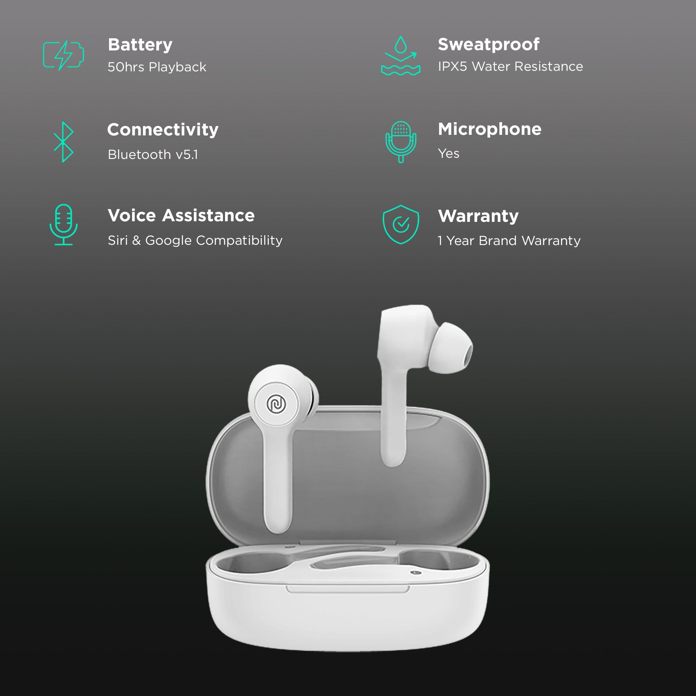 noise Buds VS201 TWS Earbuds (IPX5 Water Resistant, 6mm Driver, Snow White)