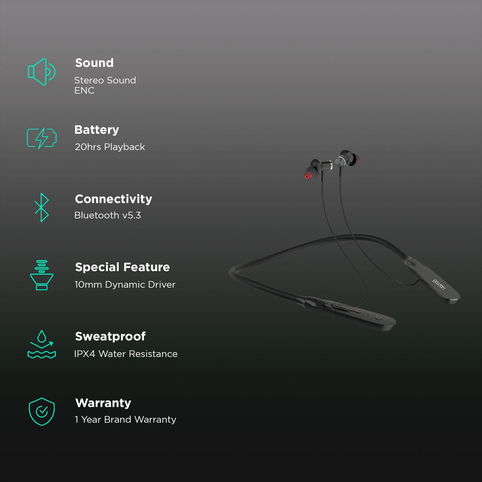 Croma CRSE020EPA0302 Neckband with Environmental Noise Cancellation (IPX4 Water Resistant, 20 Hours Playback, Black)