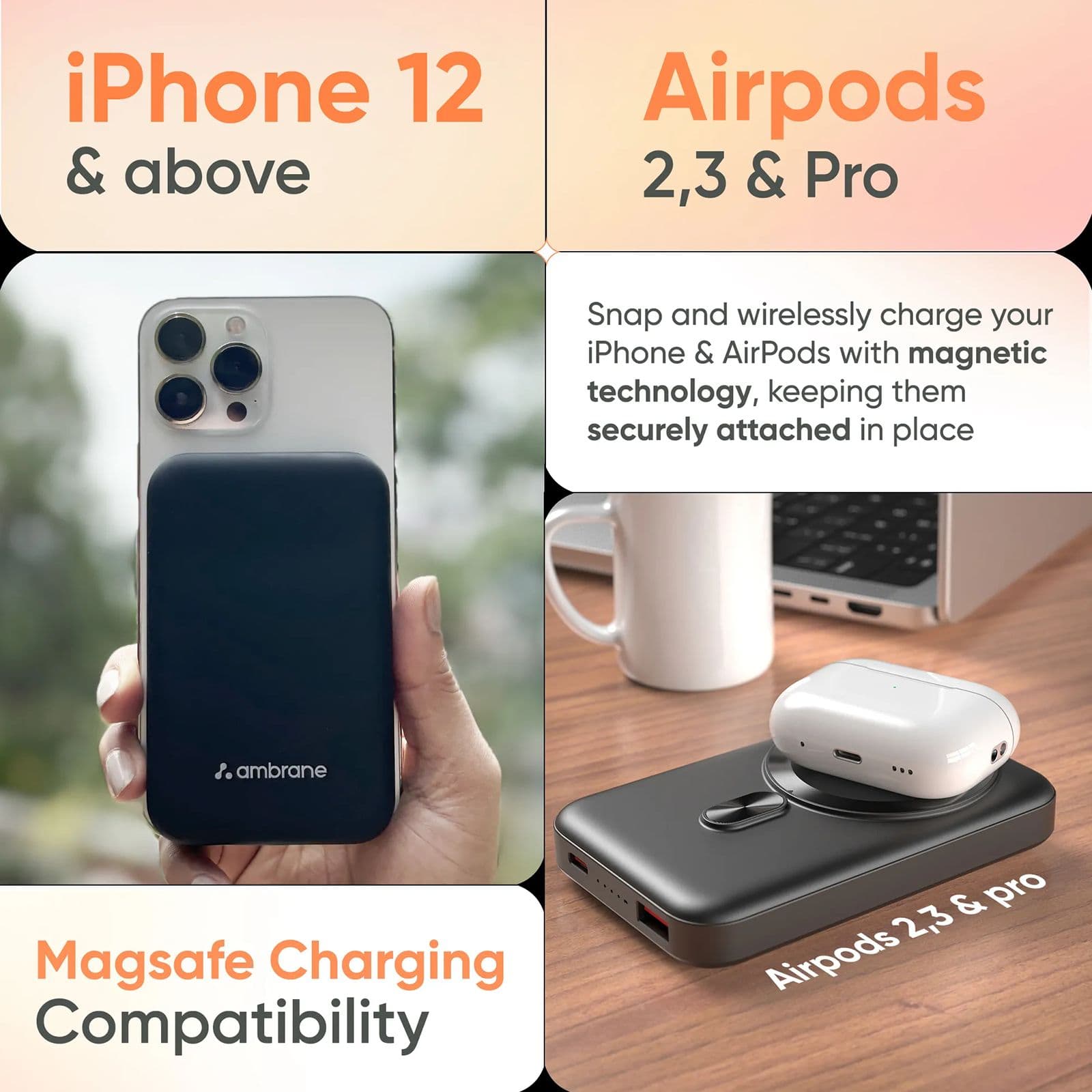ambrane Aerosync PB 12 10000 mAh 22.5W Fast Charging Power Bank (1 Type A Port, 1 Type C Port, Rubberized Coating, Wireless Charging, Purple)
